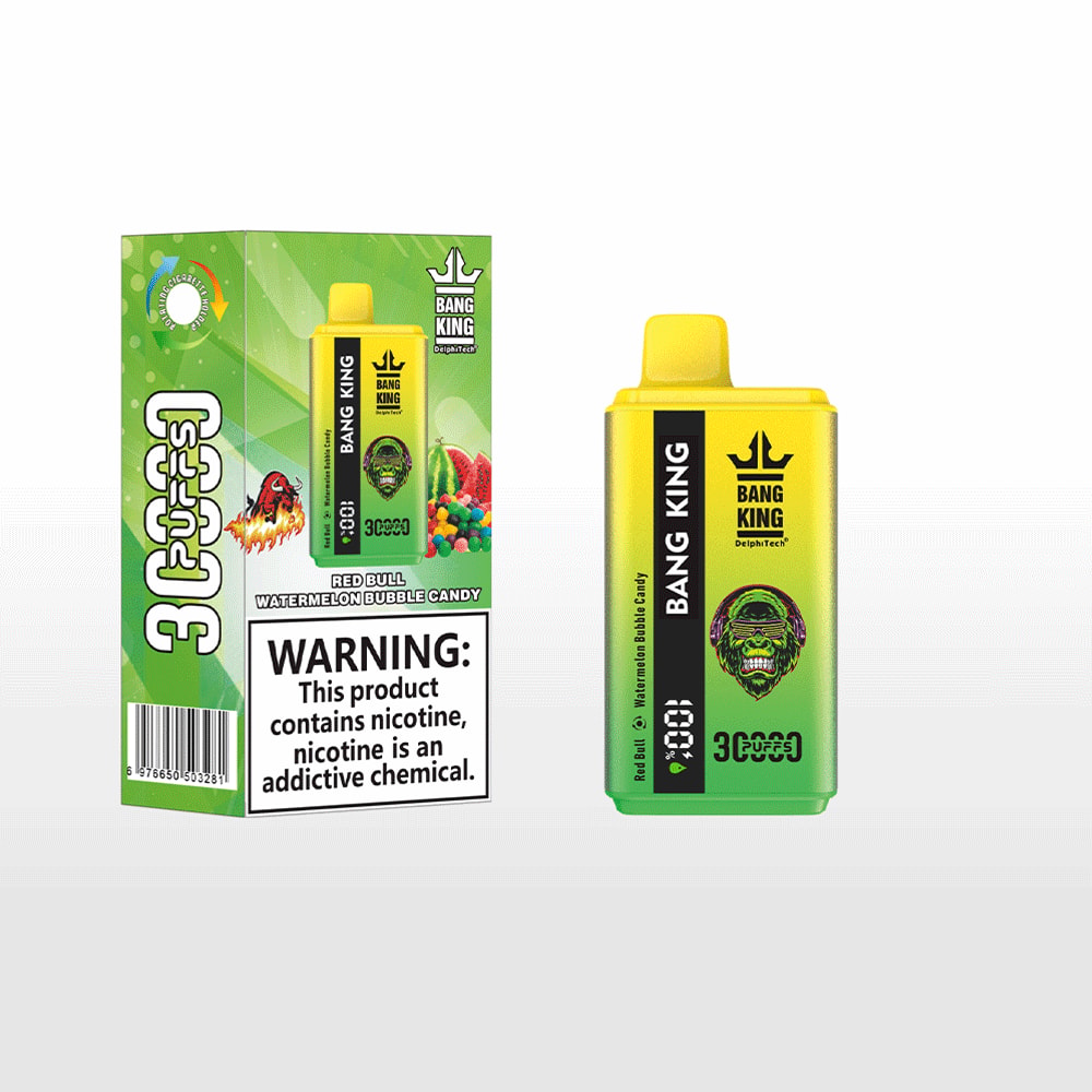 Bang King Red Bull Watermelon Bubble Candy disposable vape device in yellow and green with a gorilla logo and a warning label about nicotine on the packaging box with colorful candy and watermelon images.