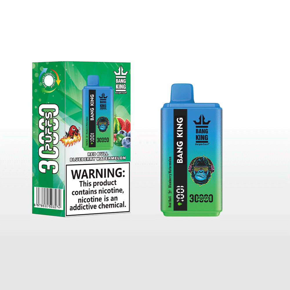 Bang King disposable vape device and its green and blue packaging, with flavors labeled as Red Bull, Blueberry, and Watermelon, and a prominent nicotine addiction warning.
