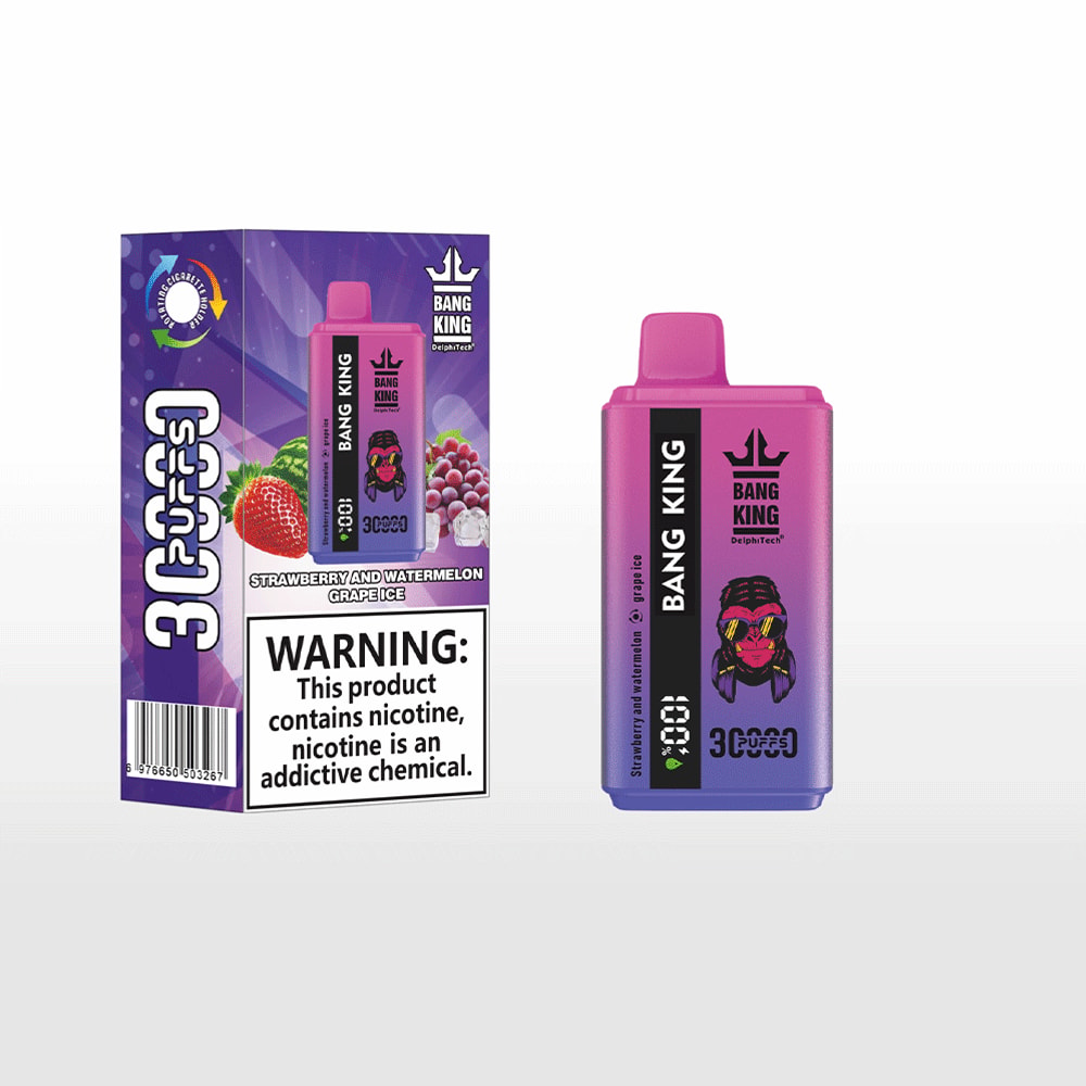 Purple and pink Bang King disposable vape device and its box featuring strawberry, watermelon, and grape images with a nicotine warning label.
