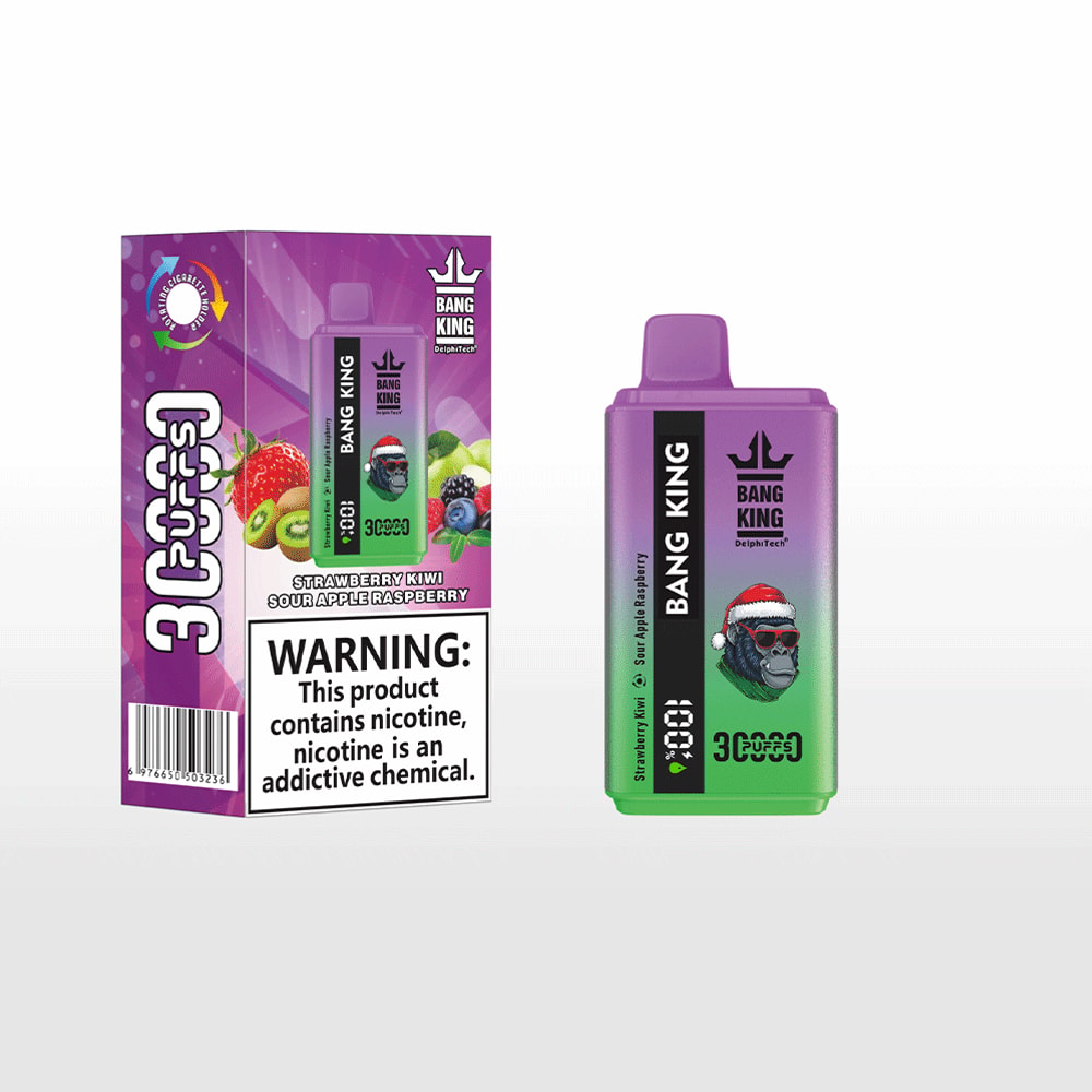 Bang King disposable vape device and its packaging in green and purple gradient with a Santa gorilla wearing sunglasses illustration, flavor labeled as Strawberry Kiwi Sour Apple Raspberry, with a nicotine warning on the box.