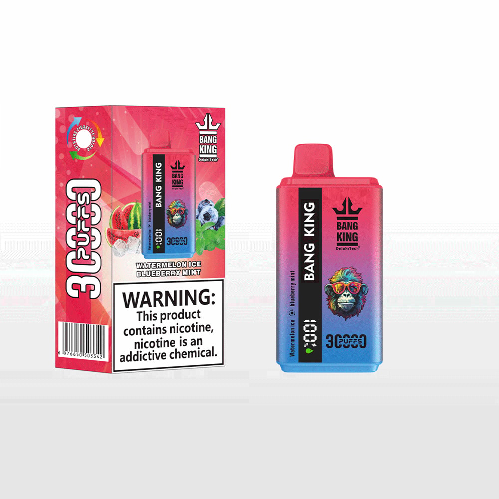 Bang King disposable vape device and packaging in watermelon ice blueberry mint flavor, featuring a colorful monkey graphic and nicotine warning label.