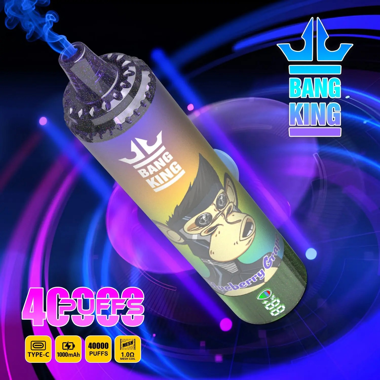 A Bang King Blueberry Grape vape device emitting blue vapor, featuring a cartoonish monkey wearing sunglasses on the body, set against a futuristic background with purple and blue light rings, with text highlighting 40000 puffs, USB Type-C charging, 1000 mAh battery, and 1.0 ohm mesh coil specifications.