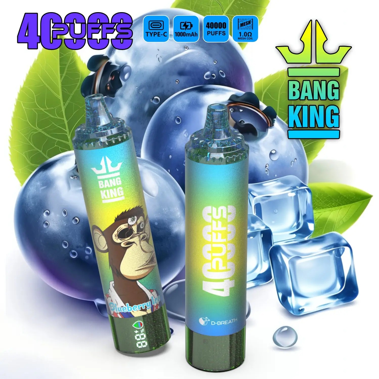 Two gradient blue-green disposable vape pens with "BANG KING" branding and a cartoon gorilla illustration, surrounded by large fresh blueberries, green leaves, and ice cubes, highlighting "4000 PUFFS" capacity and features like TYPE-C charging, 1000mAh battery, 1.0Ω mesh coil.