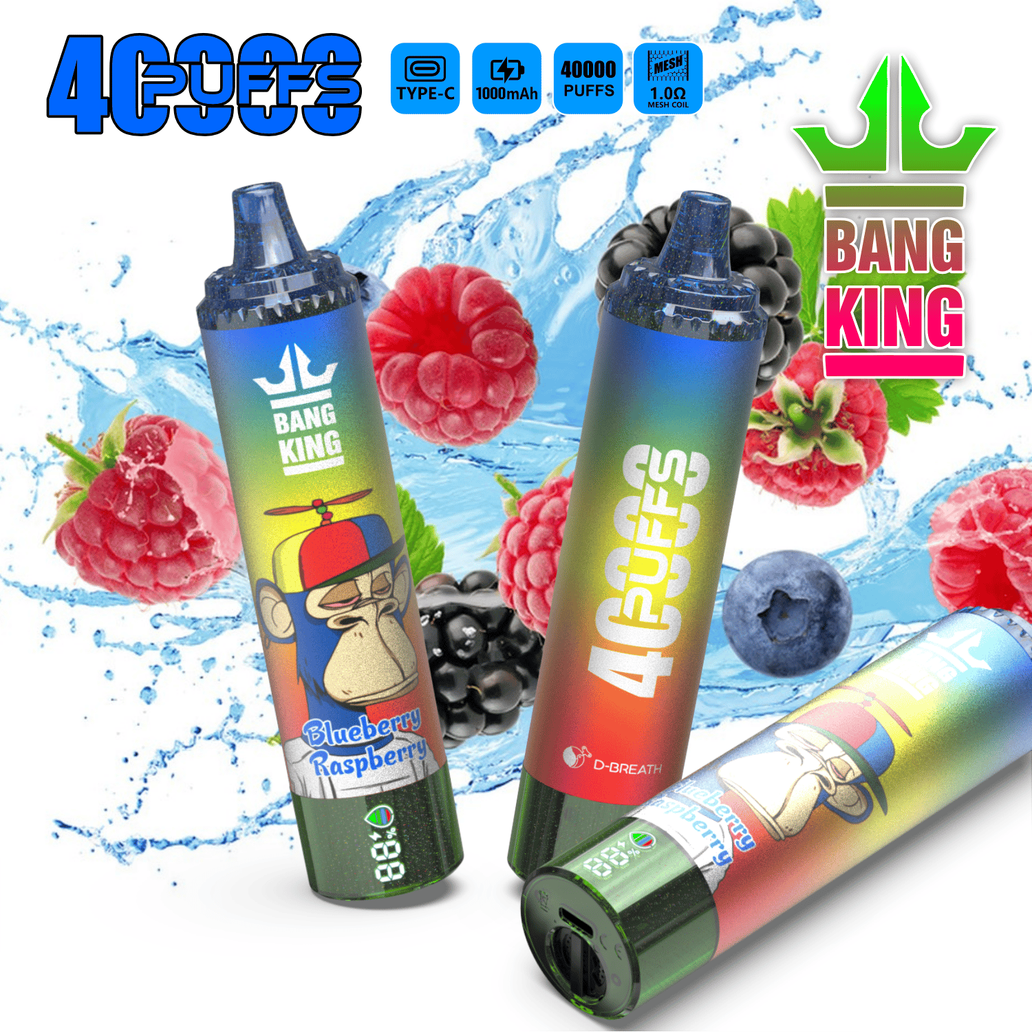 Three colorful disposable vape devices labeled '40 PUFFS' and 'BANG KING' with a blueberry raspberry flavor, surrounded by splashing water and fresh berries including raspberries, blackberries, and blueberries.
