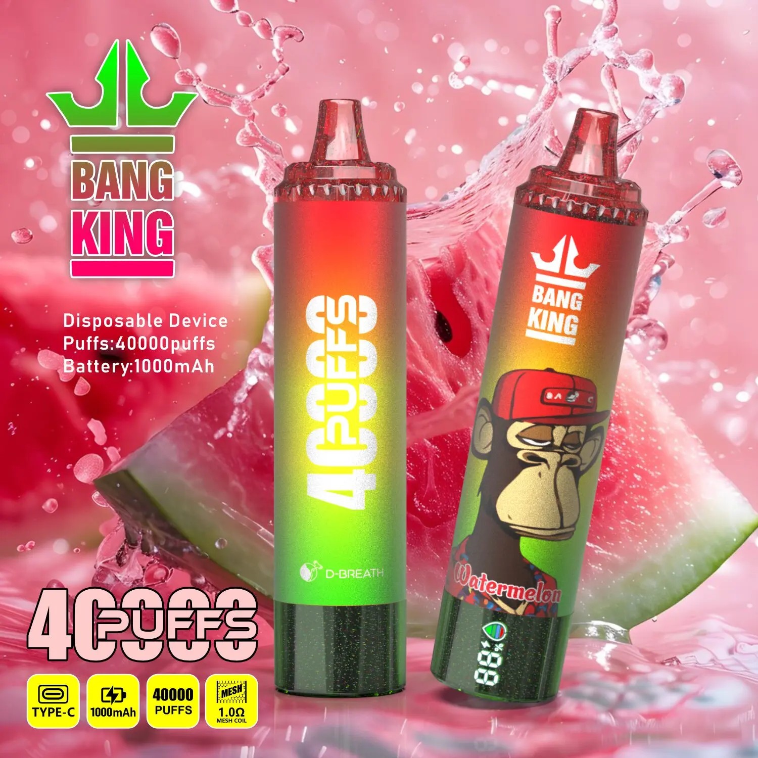 Two colorful disposable vape devices with gradient colors from red to green, labeled '4 PUFFS' and 'Watermelon', displayed in front of a splashing watermelon background, including Bang King branding and specifications such as 40000 puffs and 1000mAh battery.