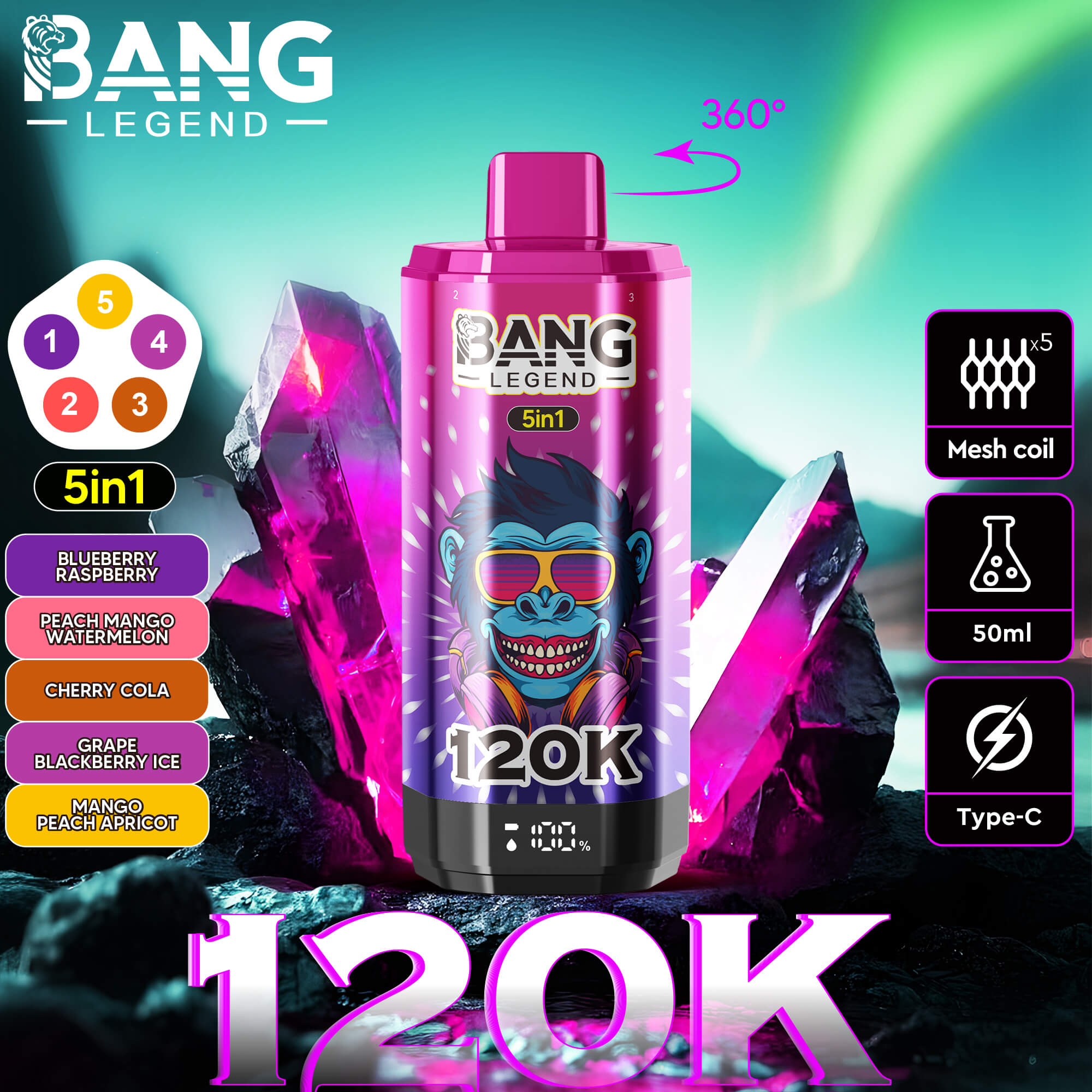A vibrant pink and purple vape device with a blue monkey wearing sunglasses on it, labeled 120K and 5 in 1, surrounded by icons indicating 360-degree use, five mesh coils, 50ml capacity, and Type-C charging, set against glowing purple crystals and a blue-green aurora background with the brand name Bang Legend.