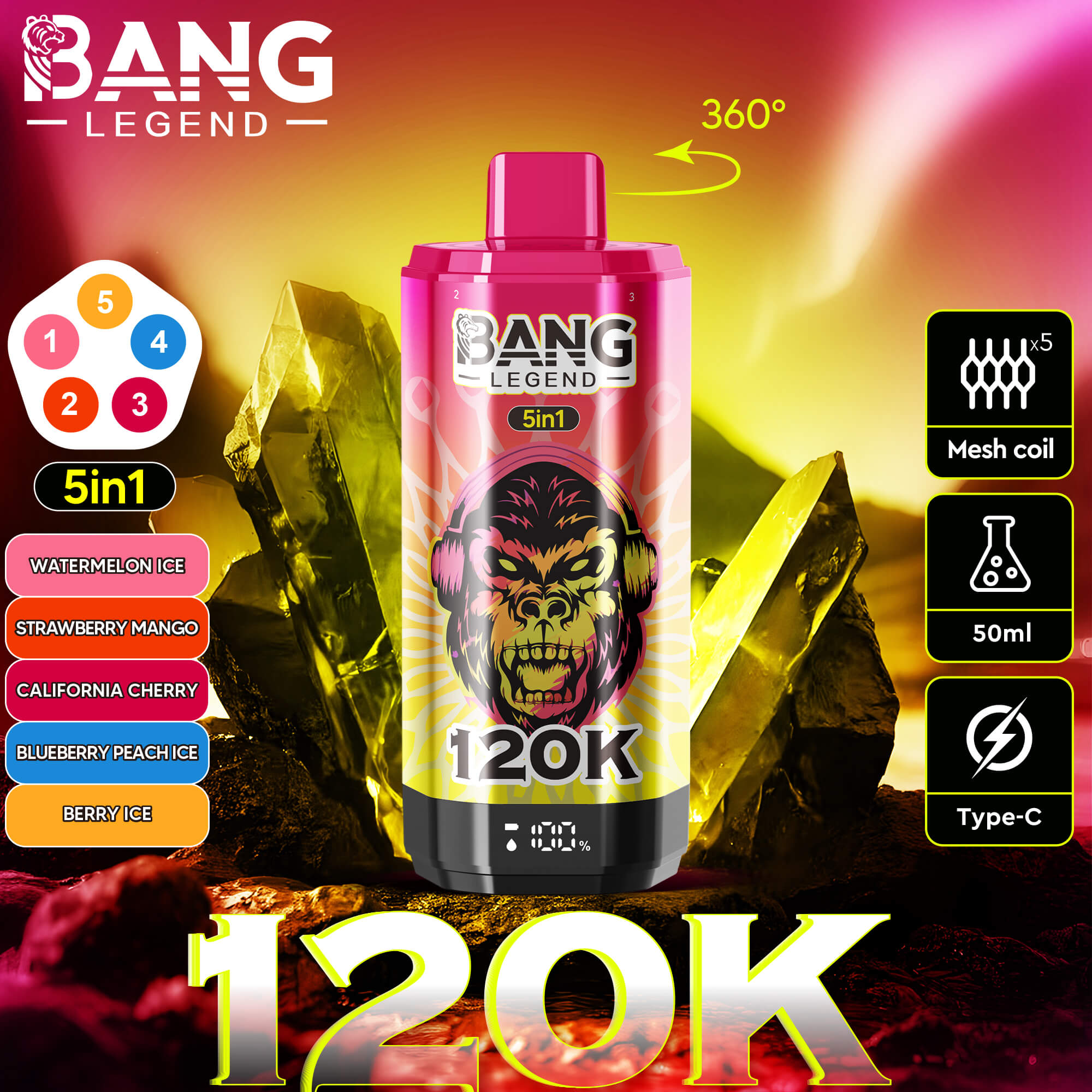 Brightly colored vaping device labeled Bang Legend 5in1 with a stylized monkey face and 120K on the front, surrounded by icons indicating 5 flavors (Watermelon Ice, Strawberry Mango, California Cherry, Blueberry Peach Ice, Berry Ice), 5 mesh coils, 50ml capacity, and Type-C charging, set against a vibrant rocky background with glowing pink and yellow hues.