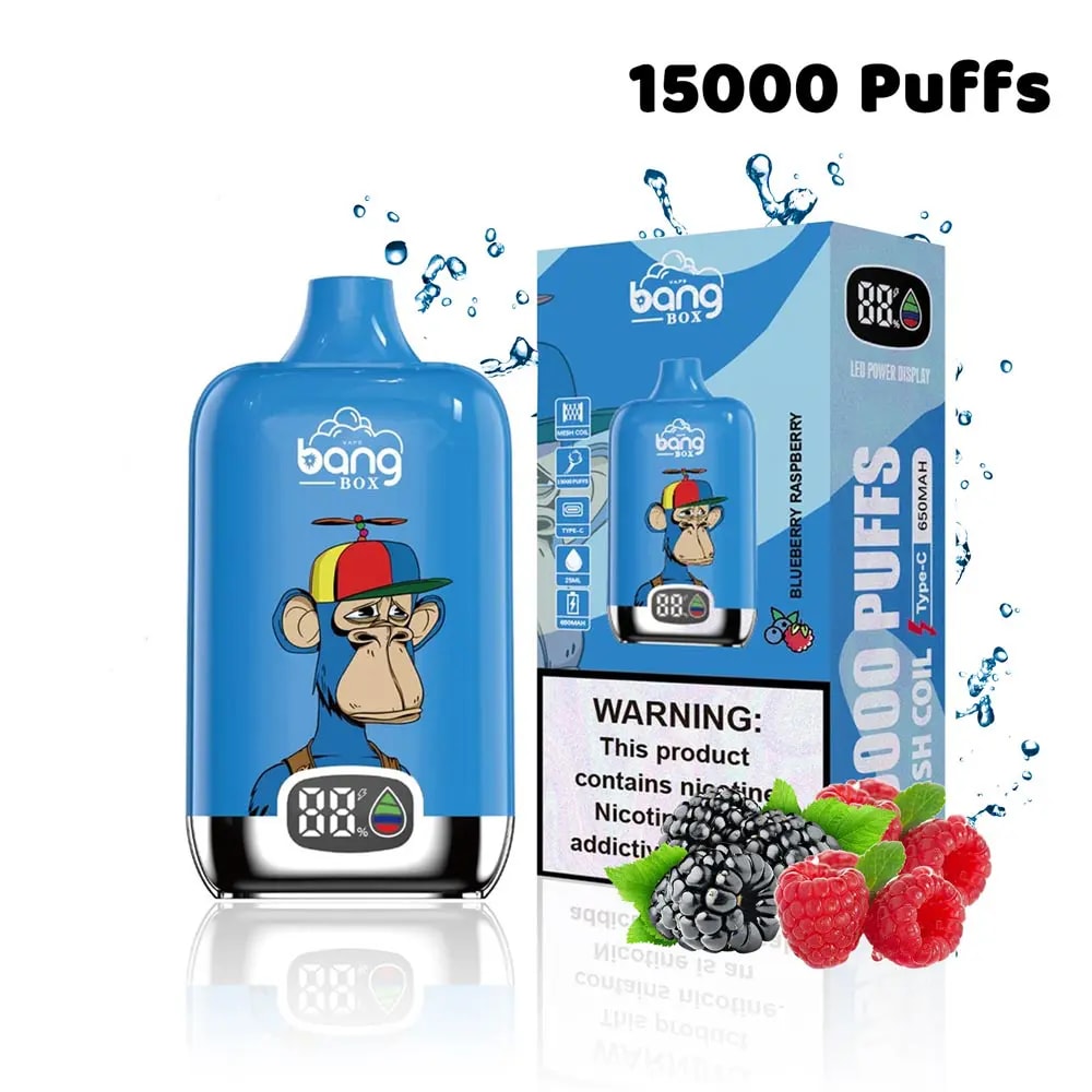 Blue Bang Box vape device with a cartoon monkey wearing a multicolored cap, alongside its packaging showing blueberry raspberry flavor and 15000 puffs capacity, with images of blackberries and raspberries and a nicotine warning label.