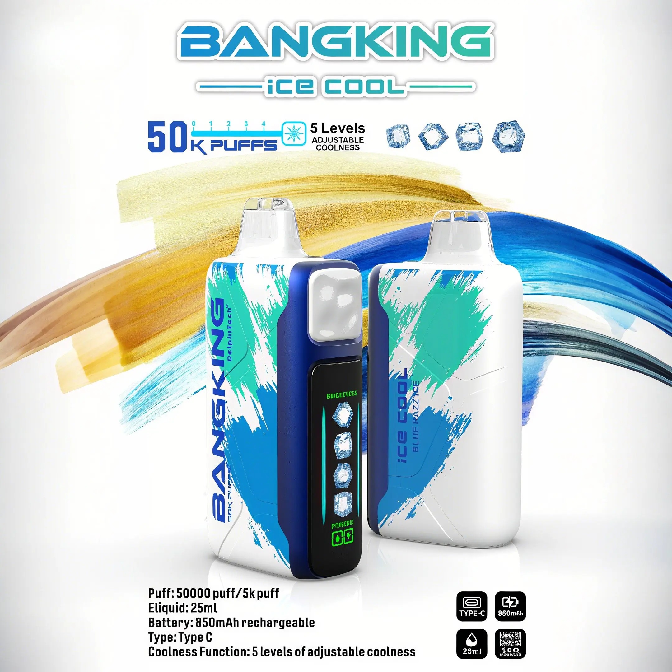 Two Bangking Ice Cool vape devices with blue and green abstract patterns, standing side by side against a white background with colorful brush strokes behind them, featuring text about 50,000 puffs, 5 levels of adjustable coolness, 25 ml e-liquid, 850 mAh rechargeable battery, and Type C charging.