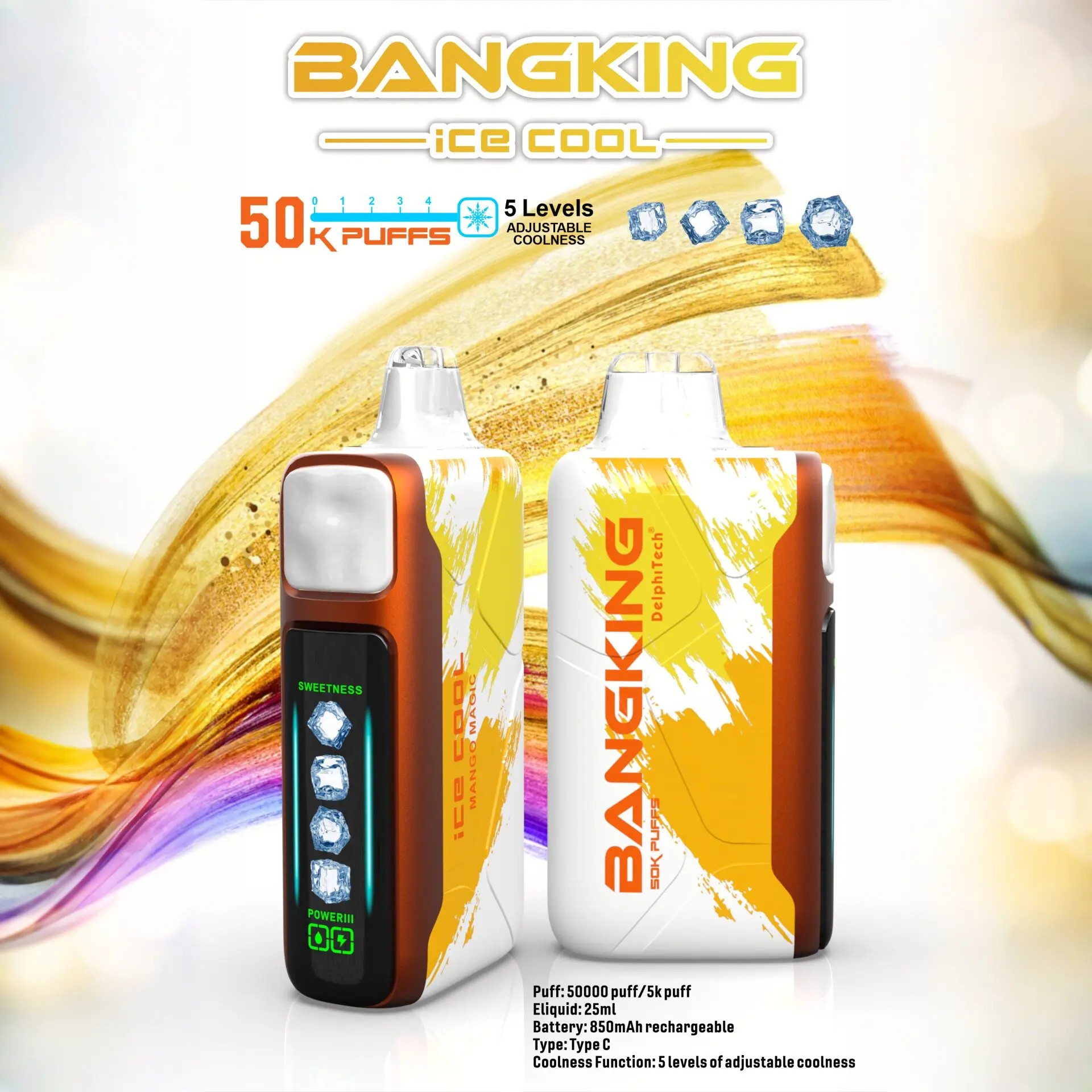Two rectangular vape devices with orange and white paint splash design labeled 'BANGKING ice cool', featuring an adjustable coolness level display with ice cube icons, set against a background with swirling orange, purple, and gold hues and text indicating 50,000 puffs, 25ml e-liquid, 850mAh battery, and Type C charging.