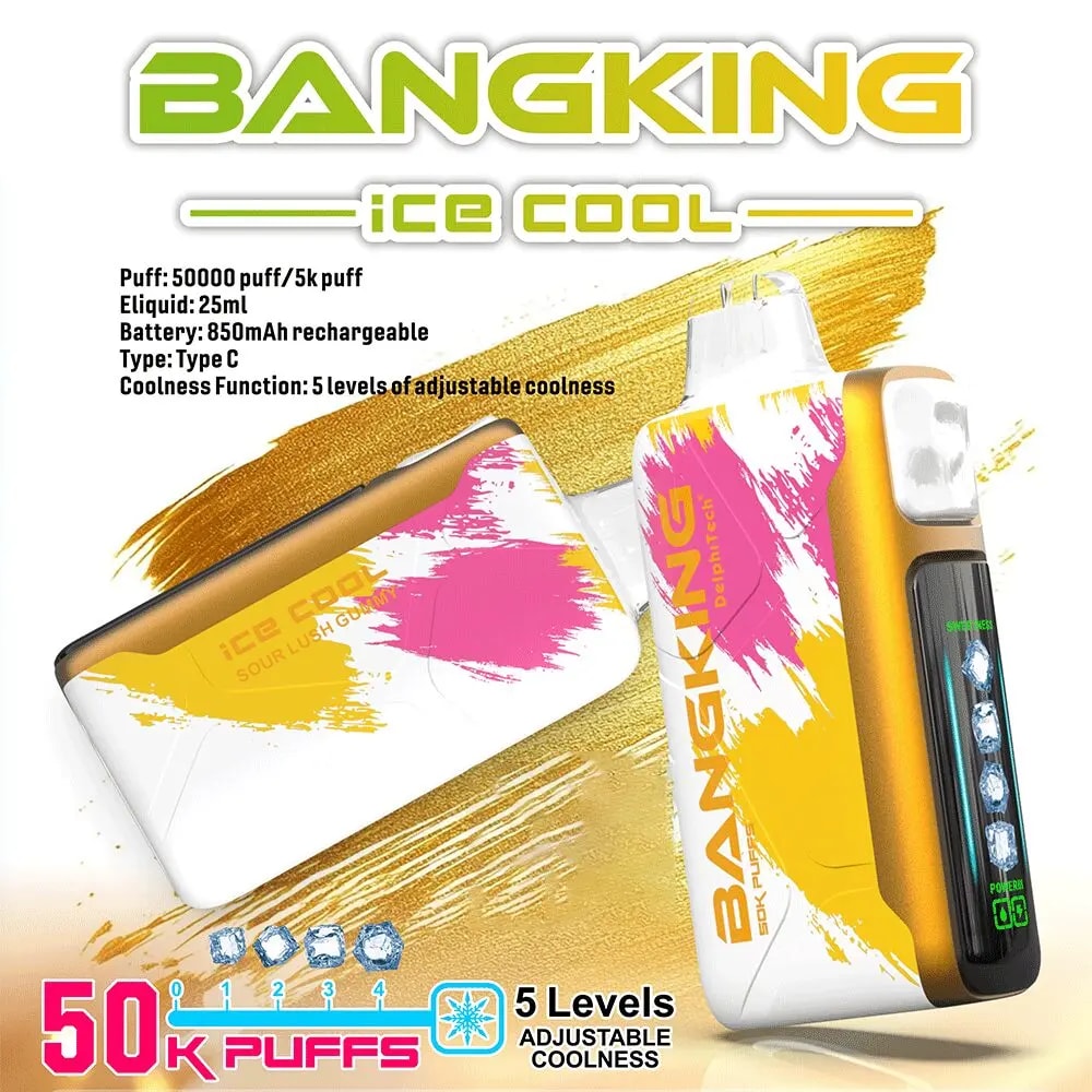 Two BANGKING ice cool vaping devices with white, yellow, and pink design positioned with product specifications including 50,000 puffs, 25ml eliquid, 850mAh rechargeable battery, Type C charging, and 5 levels of adjustable coolness
