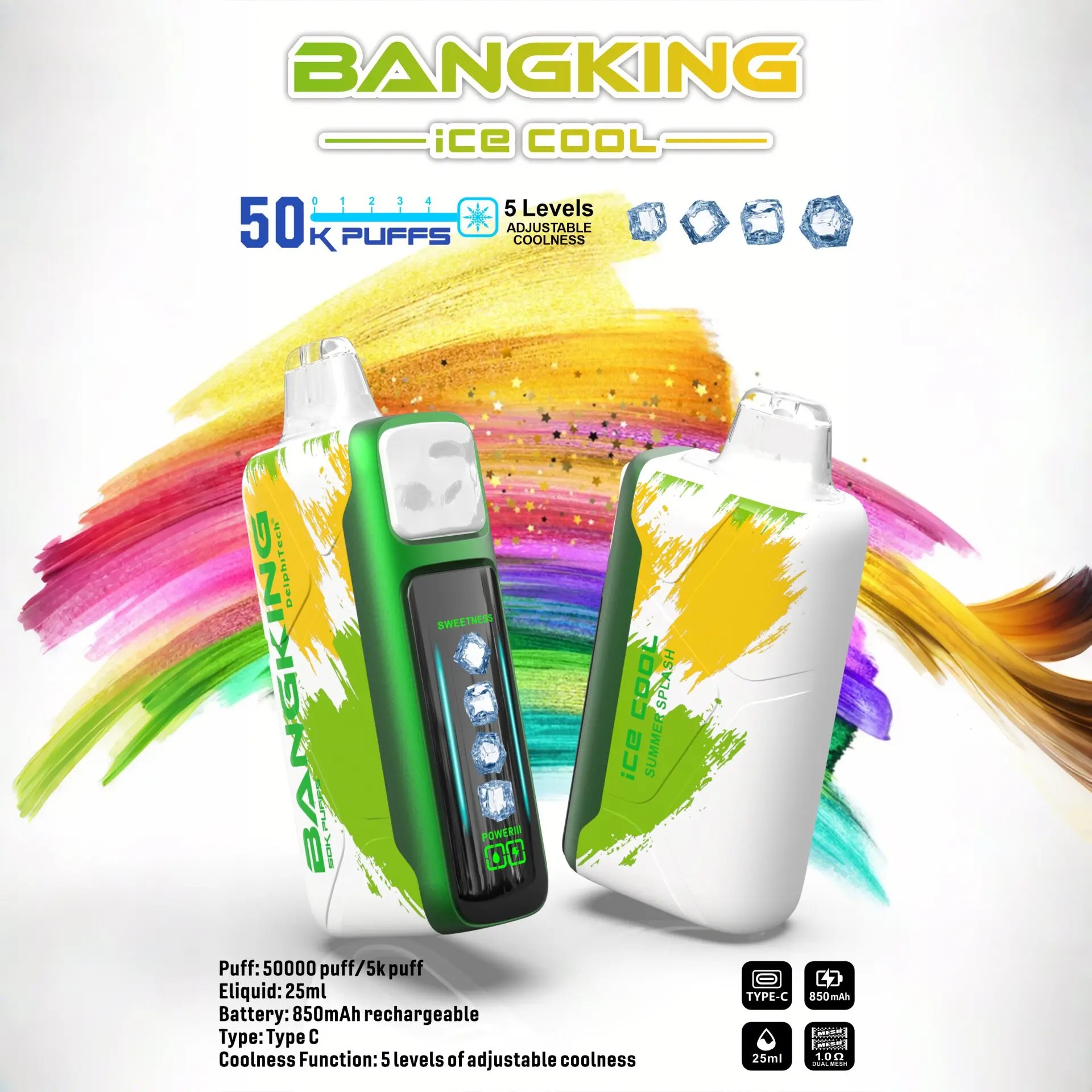 Two Bangking ice cool disposable vape devices with green, white, and yellow splash design in front of a colorful curved brushstroke background, highlighting features like 50,000 puffs, 5 levels of adjustable coolness, 25ml e-liquid, 850mAh rechargeable battery, and Type C charging.