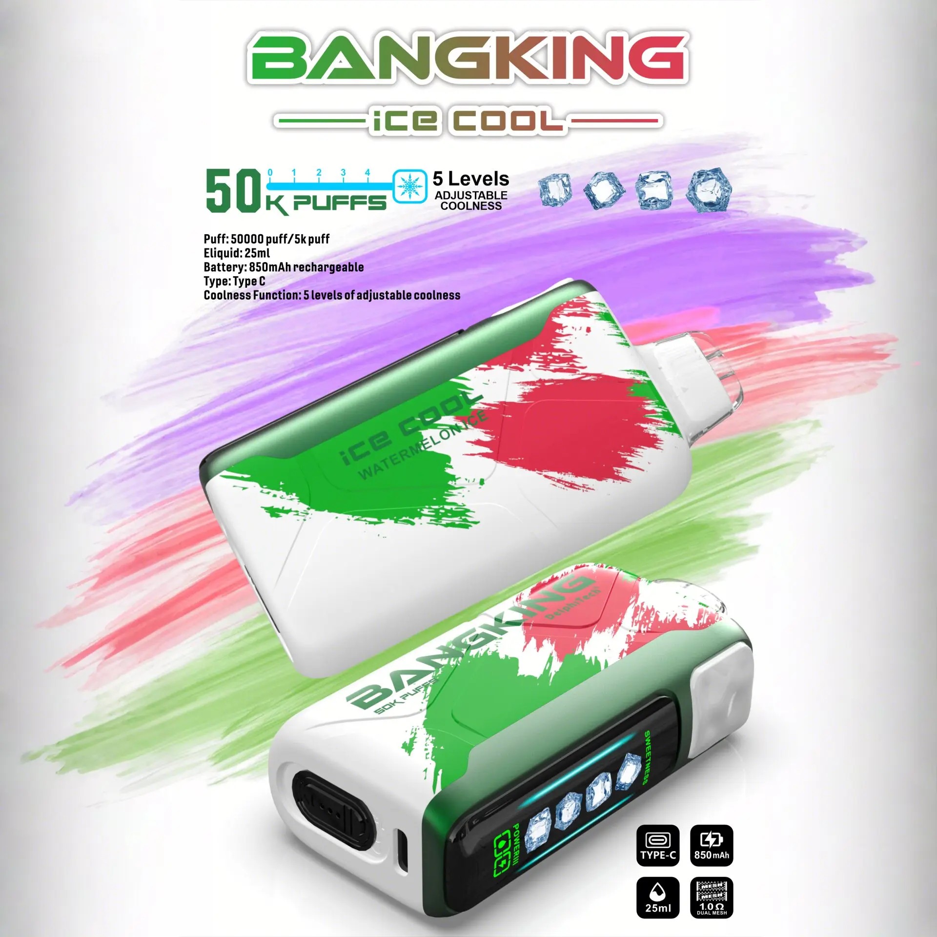 Two compact Bang King Ice Cool vaping devices with red, green, and white paint splash design, displayed with product details highlighting 50K puffs, 5 levels of adjustable coolness, 25ml e-liquid capacity, 850mAh rechargeable battery, and Type-C charging port.