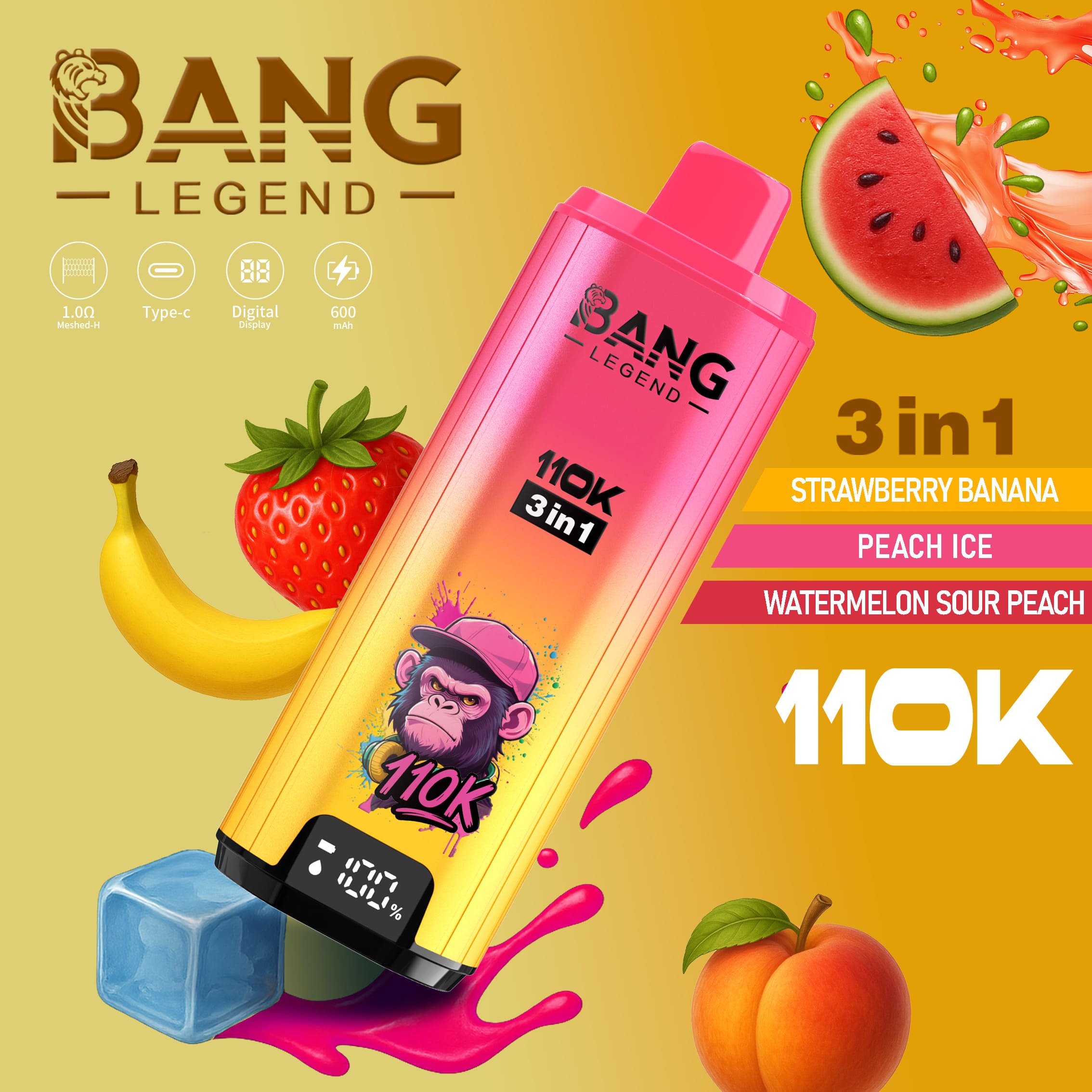 Bang Legend 110K 3-in-1 vape in pink-yellow gradient with monkey logo; Strawberry Banana, Peach Ice, Watermelon Sour Peach.