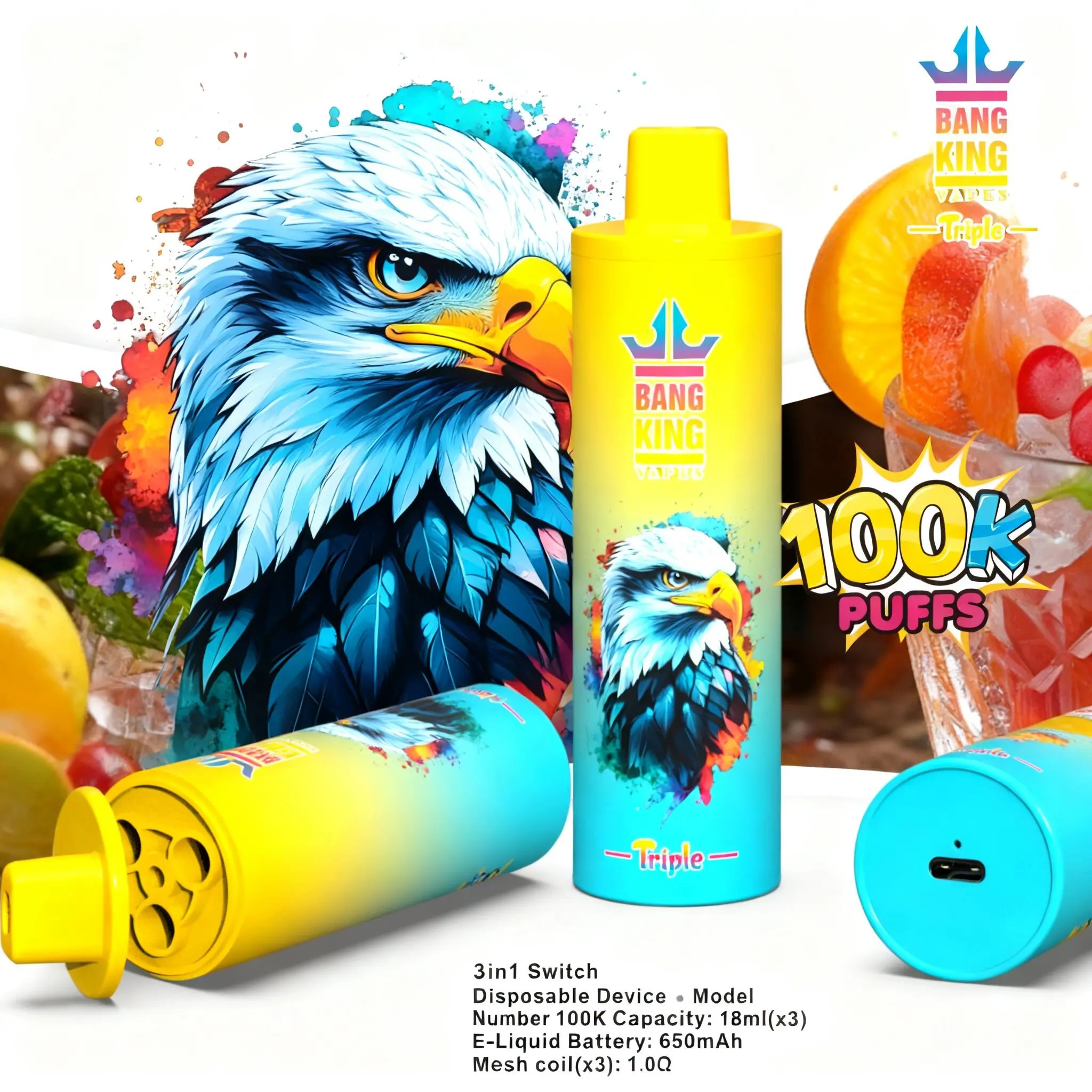 Vibrant yellow-blue Bang King 100K puff disposable vape featuring an eagle illustration and fruit background.