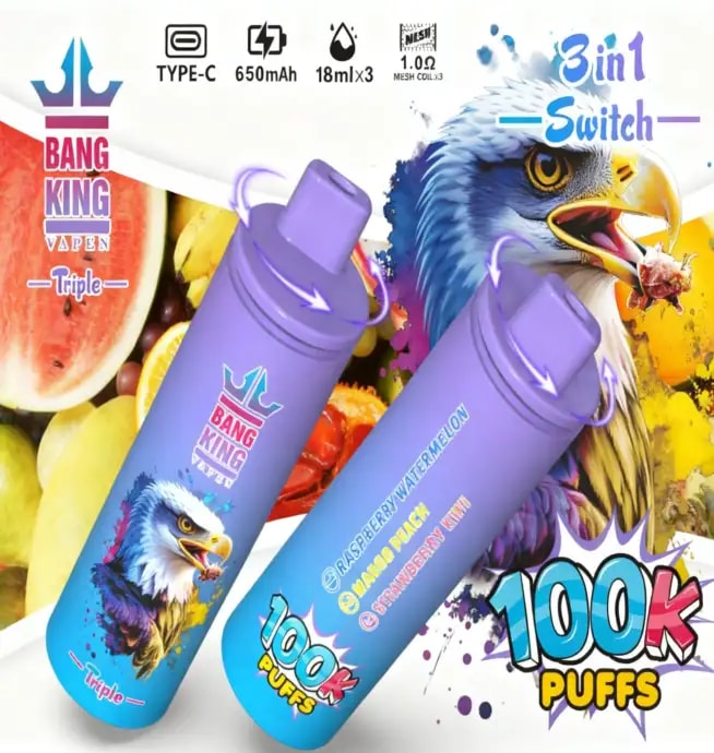 Two purple Bang King vape pens with blue eagle artwork and 100K Puffs label, set against a colorful fruit background.