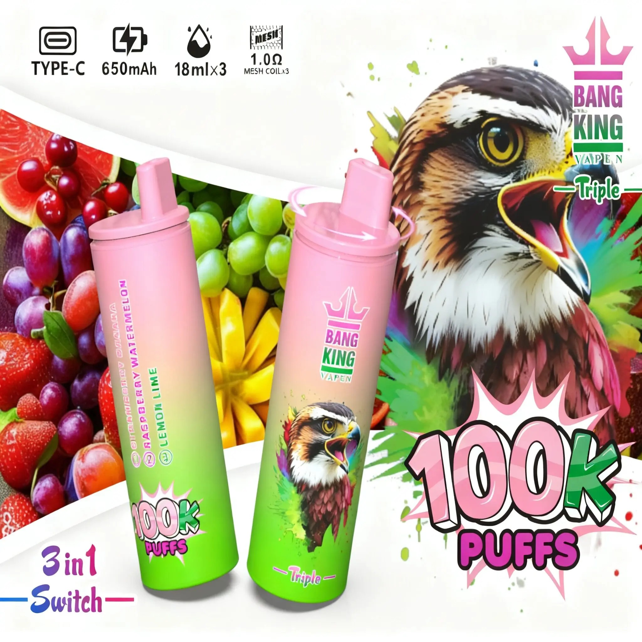 Two pink gradient Bang King vape bottles with a bird logo, 100K Puffs, against a colorful fruit collage.