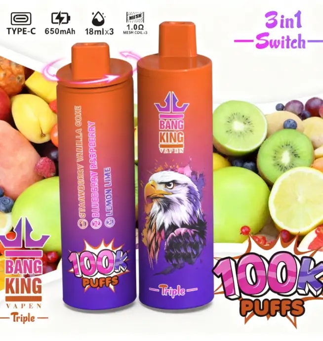 Two orange gradient vape bottles with Bang King branding, one showing an eagle graphic, against a fruit backdrop with 100K Puffs.
