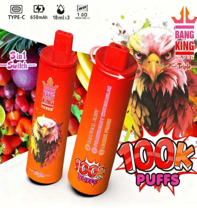 Two orange Bang King vape devices with an eagle logo and 100k Puffs text on a colorful fruit-themed background.