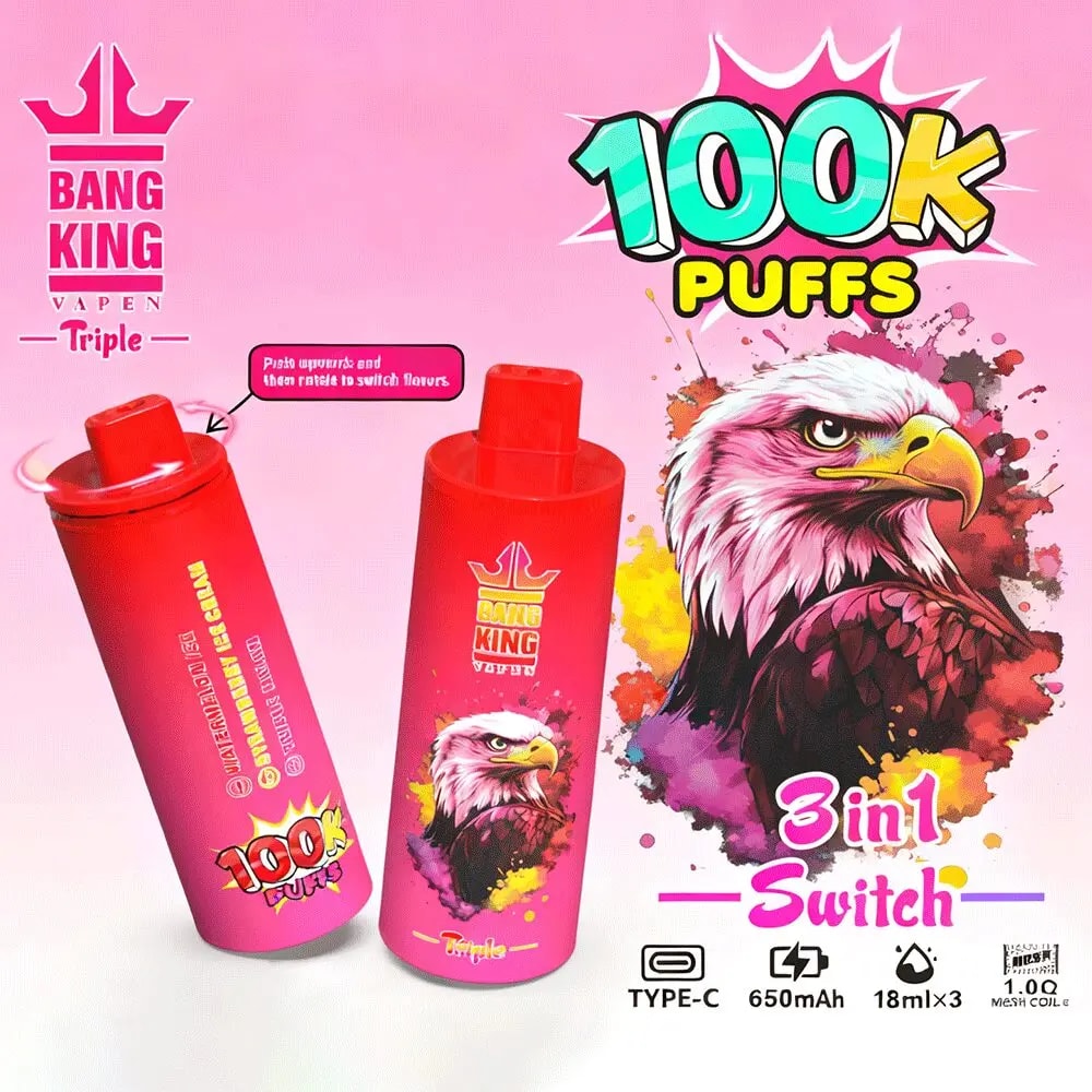 Pink Bang King vape ad with two pink disposable devices, an illustrated eagle, and bold 100k Puffs 3in1 Switch branding.