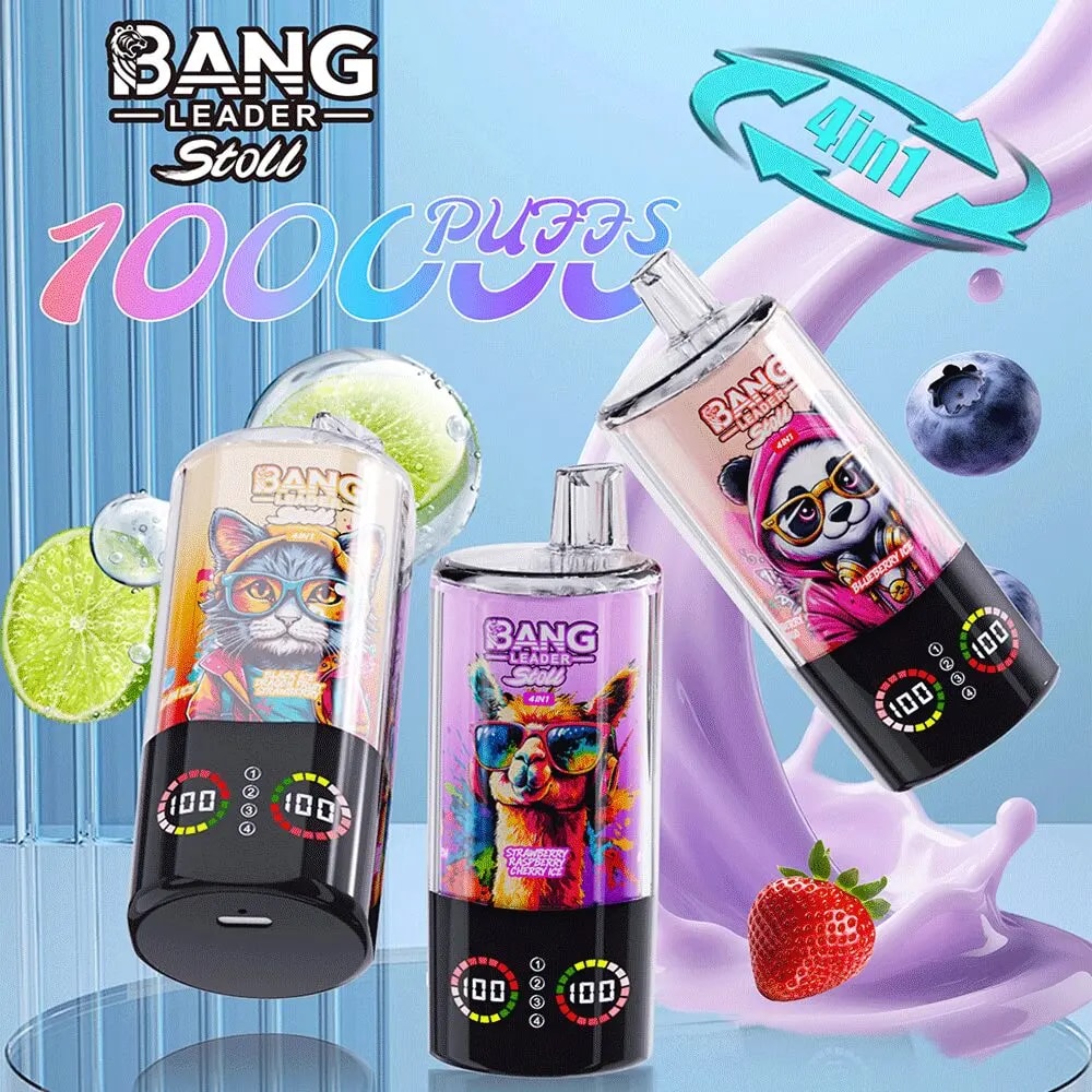 Three colorful vape-like bottles with animal artwork and digital readouts on black bases, set against a blue backdrop.