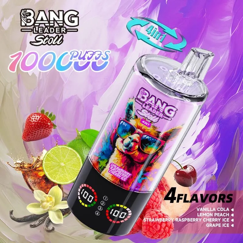 Colorful Bang Leader vape bottle featuring a rainbow llama wearing sunglasses and 4 flavors.