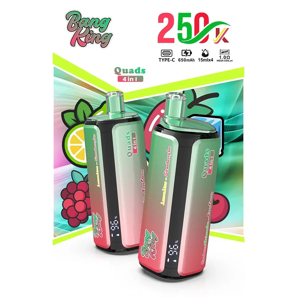 Two green and pink Bang King Quads 4-in-1 vape devices displayed against a colorful fruit-themed background with “Quads 4 in 1” label and 2500mAh capacity icons.