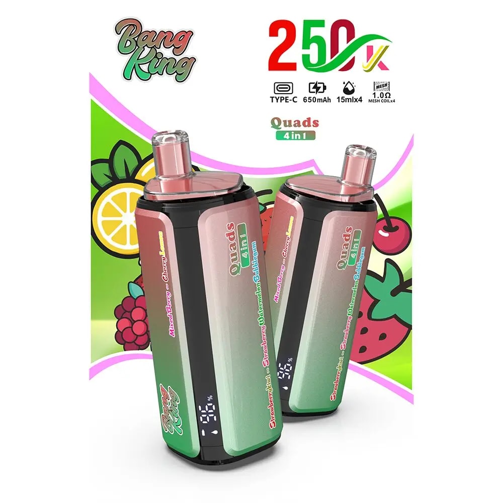 Two pink-green gradient vape devices with black bases standing side by side, featuring Quads 4 in 1 branding and fruit-themed graphics in the background.