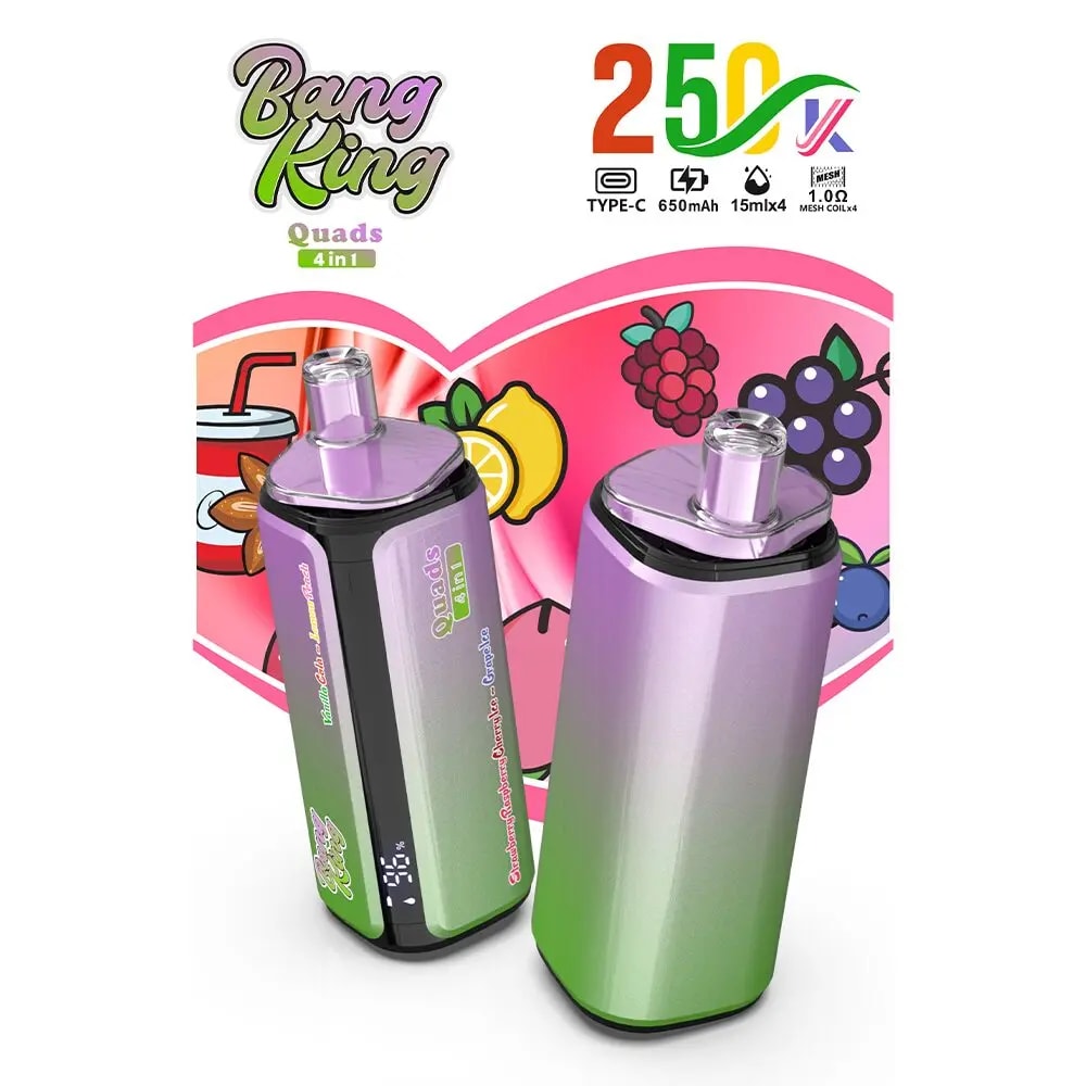 Two colorful smoothie-style blenders with purple-green gradient bodies, labeled Bang King Quads 4 in 1, set against a pink fruit-themed backdrop.