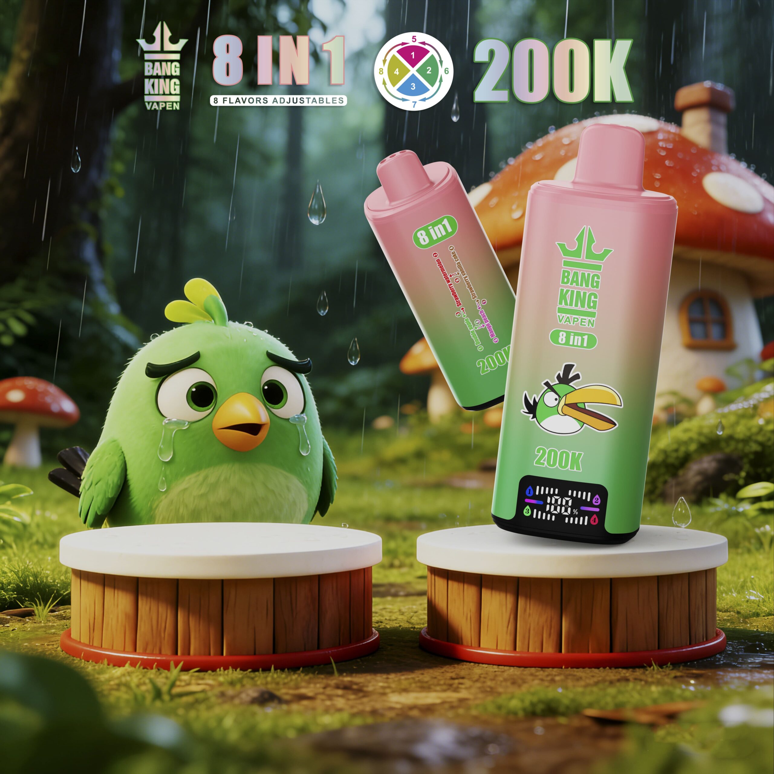 Bright green cartoon bird with droopy eyes beside two pink and green vape bottles labeled BANG KING VAPEN 8 IN 1. 200K, set on wooden pedestals in a whimsical outdoor scene with mushrooms and rain drops.