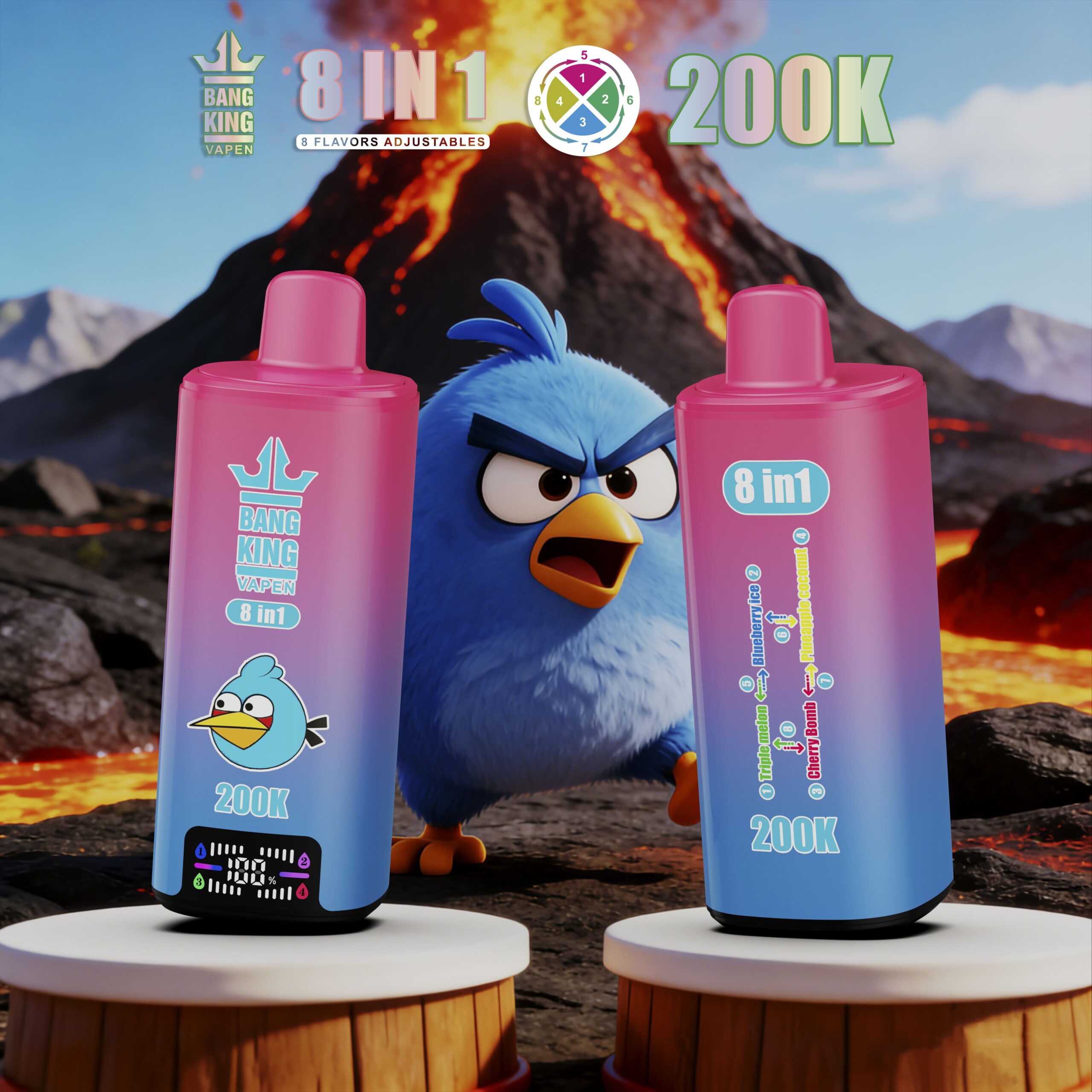 Two colorful spray bottles labeled 8 in 1 200K stand on rocky volcanic ground with a steaming volcano in the fiery background and a blue angry bird between them.