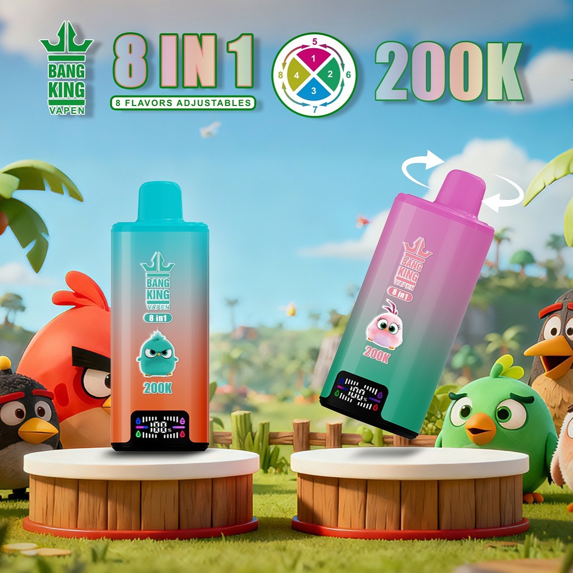 Two colorful vape bottles labeled 200K stand on wooden platforms outdoors, with animated birds and a bright sky in the background.