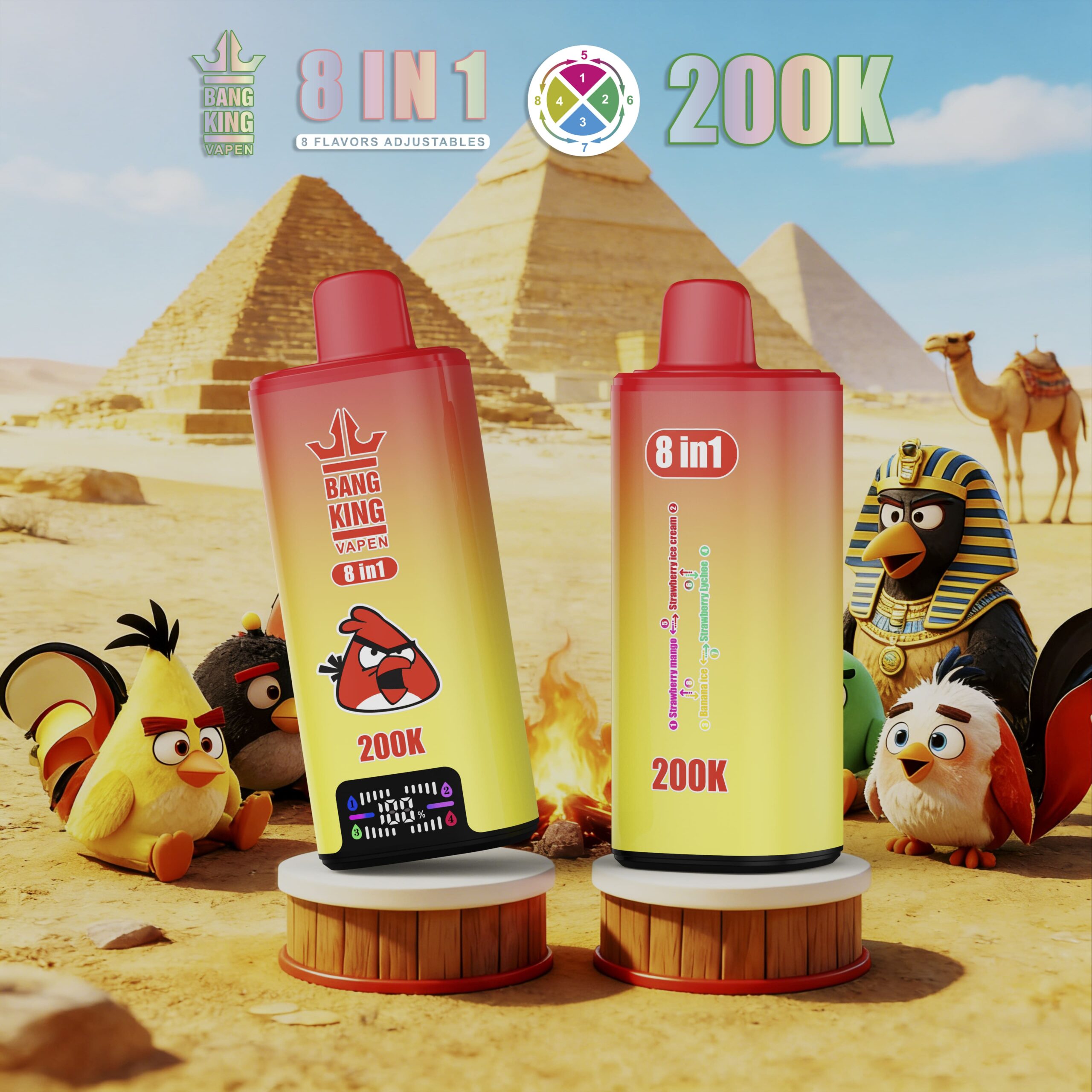 Three Angry Birds branded vape bottles with an Egyptian backdrop featuring pyramids and camels, cartoon characters in the sand, and a blue sky.