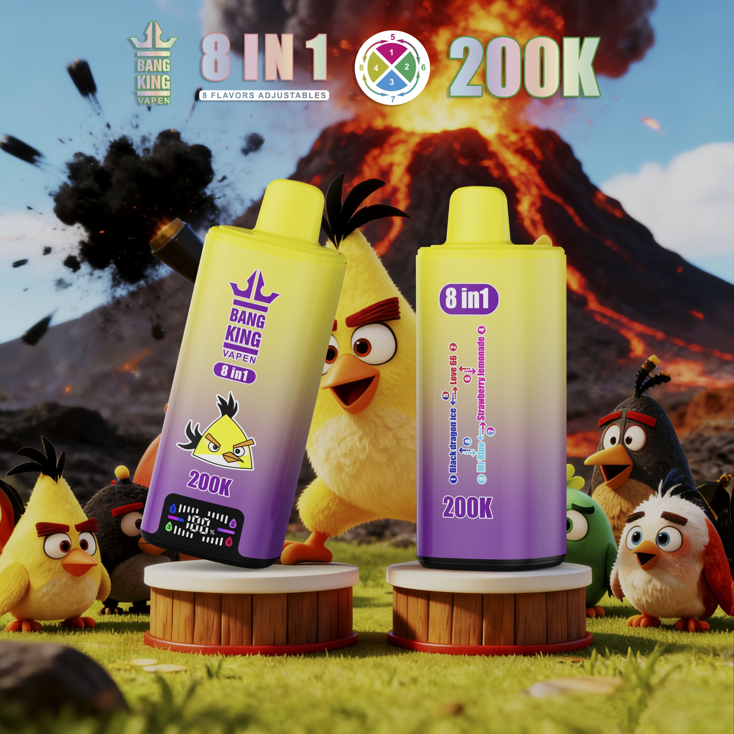 Bright yellow vape bottles with 8-in-1 label, surrounded by Angry Birds characters and a volcanic eruption background.