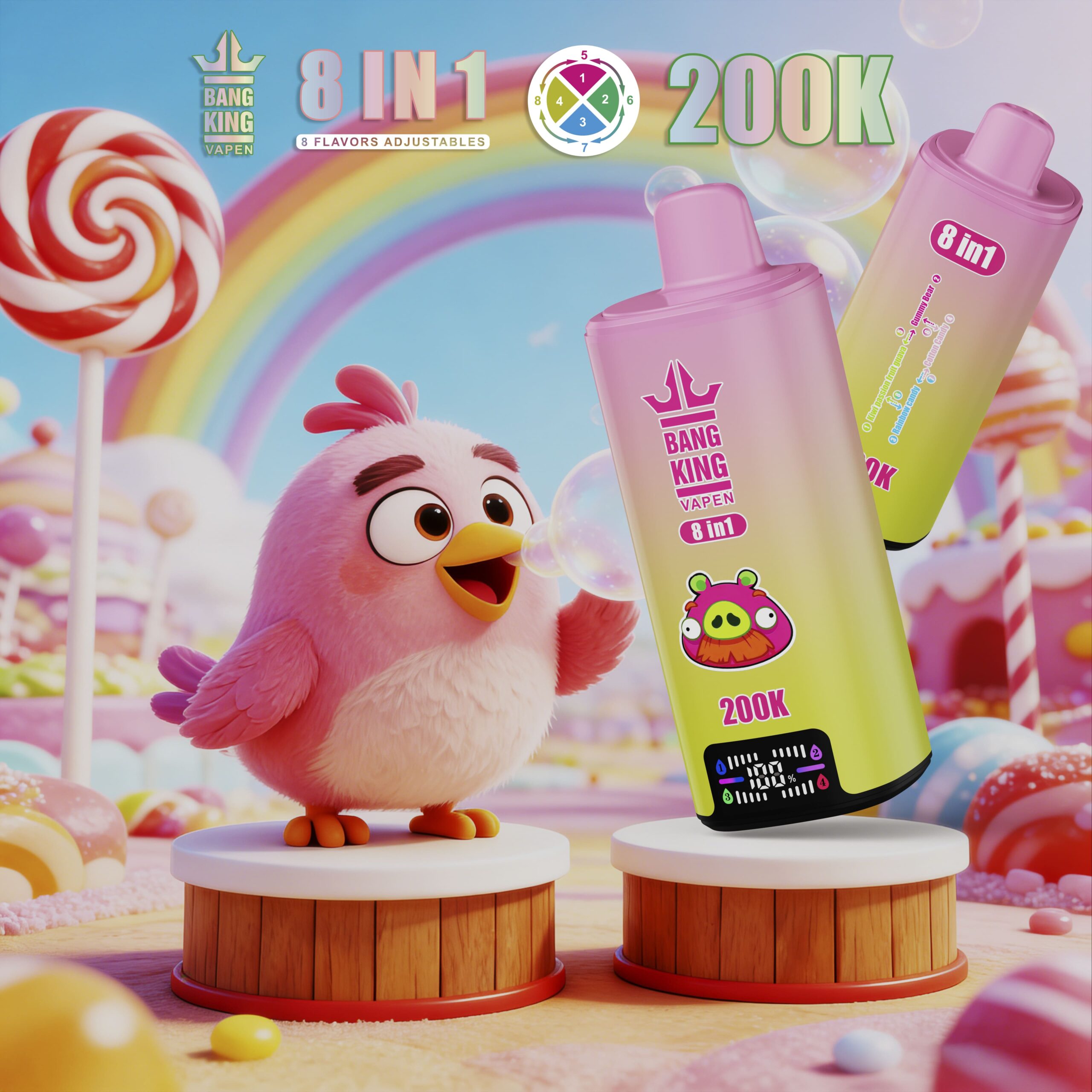 Pink fluffy bird standing on a wooden stump with colorful candy-themed backdrop and large 8 in 1 200K product bottles nearby.