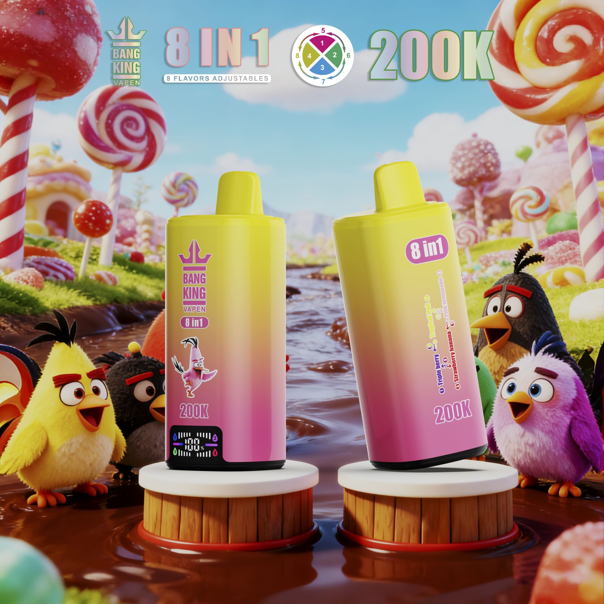 Bright yellow vape bottles labeled 8 in 1 with a candyland backdrop of lollipops, stuffed birds, and a blue sky.