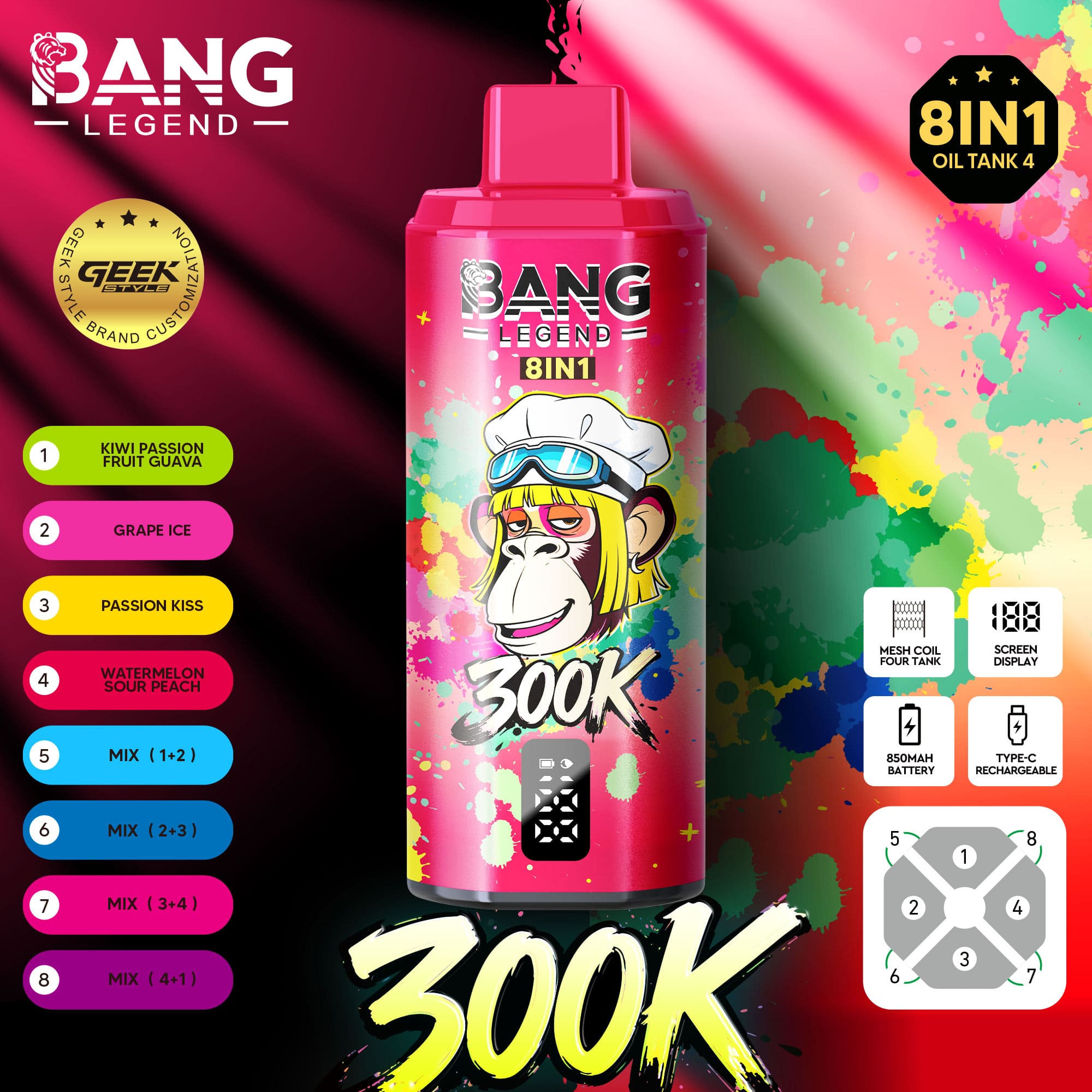 Leuchtend rosa Bang Legend-Flasche mit weißem Logo, umgeben von farbenfrohem Spritzhintergrund und auffälligen Produktgrafiken