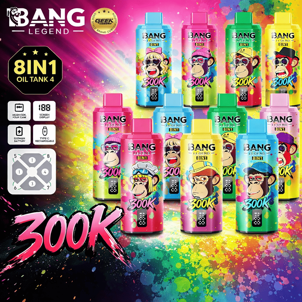 Farbenfrohe Darstellung der in Reihen angeordneten 8-in-1-Öltankflaschen von Bang Legend, jeweils mit Affen-Cartoon und “300K”-Etikett;, lebendigem Spritzerhintergrund und fettem “300K”-Text.