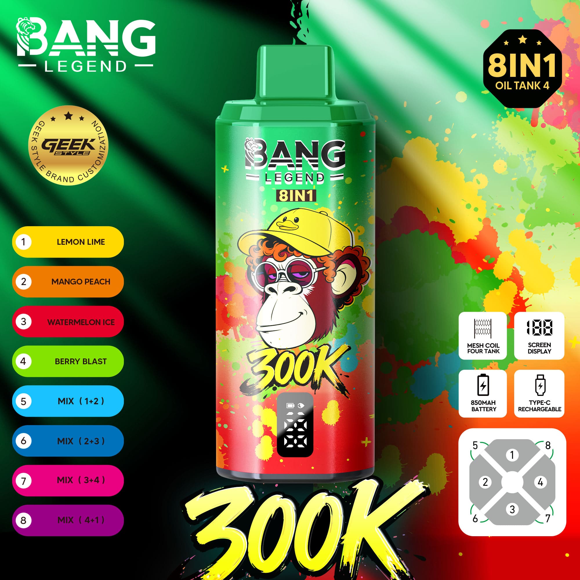 Leuchtend grüner Behälter mit Bang Legend 8in1-Öl mit einem Cartoon-Affen mit gelbem Hut, einem farbenfrohen Hintergrund und fettem "300K"-Text unten.
