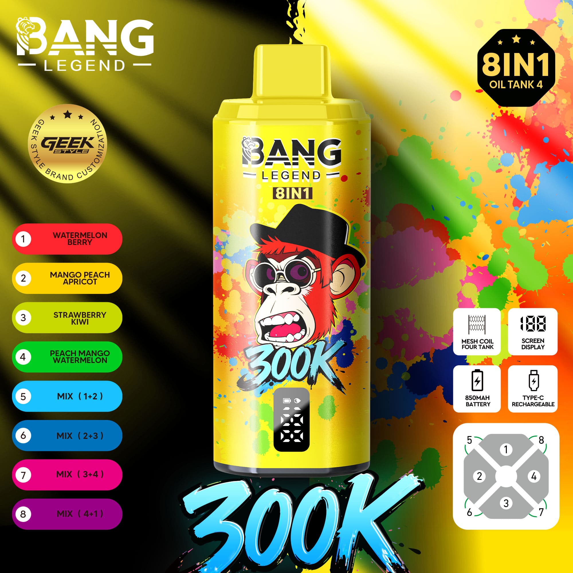Leuchtend gelbe Vape-Dose mit einem Comic-Affen mit Brille und Hut, farbig gespritztem Hintergrund, "BANG LEGEND 8IN1"-Branding und einem kräftigen blauen "300K"-Text am unteren Rand.