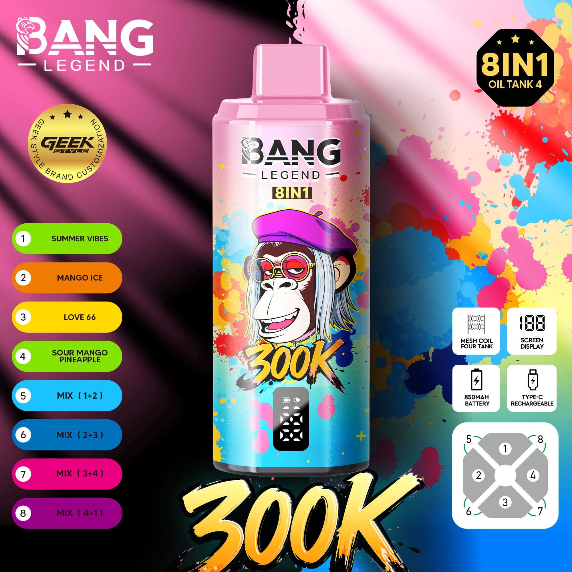 Lebendige Sprühdose von Bang Legend 8 in 1 mit farbenfrohem Splash-Hintergrund, maskierter Charaktergrafik und dem fettgedruckten “300K”-Text vorne.