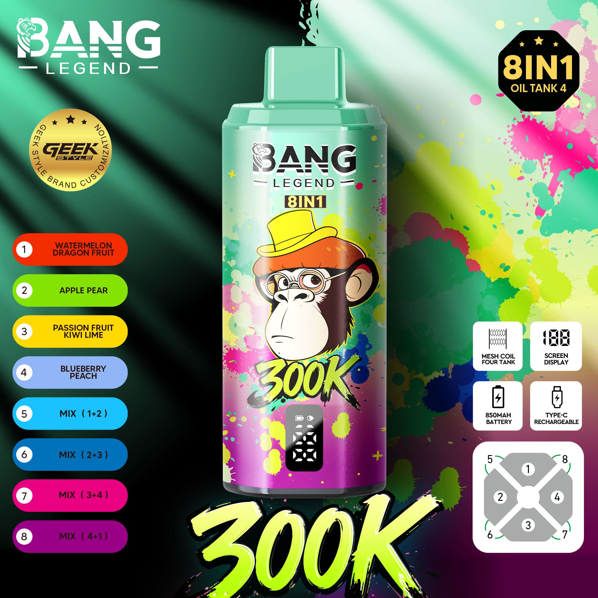 Leuchtend mintgrüne Spraydose mit der Aufschrift „Bang Legend 8IN1“, vor einem farbenfrohen Spritzerhintergrund mit Logos und farbcodierten Geschmacksetiketten auf der linken Seite.