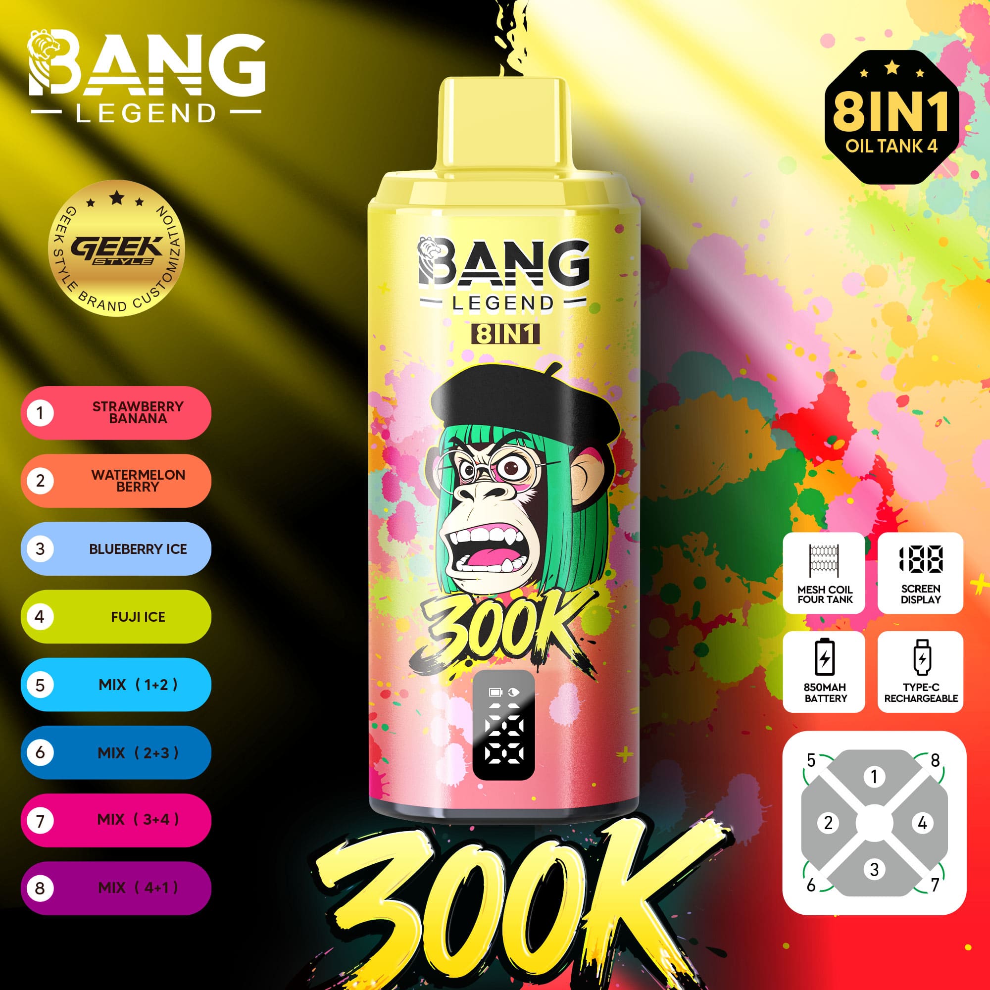 Leuchtend gelbe Spraydose mit der Aufschrift "Bang Legend 8IN1" mit einem Cartoon-Affen mit Baskenmütze, umgeben von bunten Spritzern und einem fetten „300K“-Text am unteren Rand.