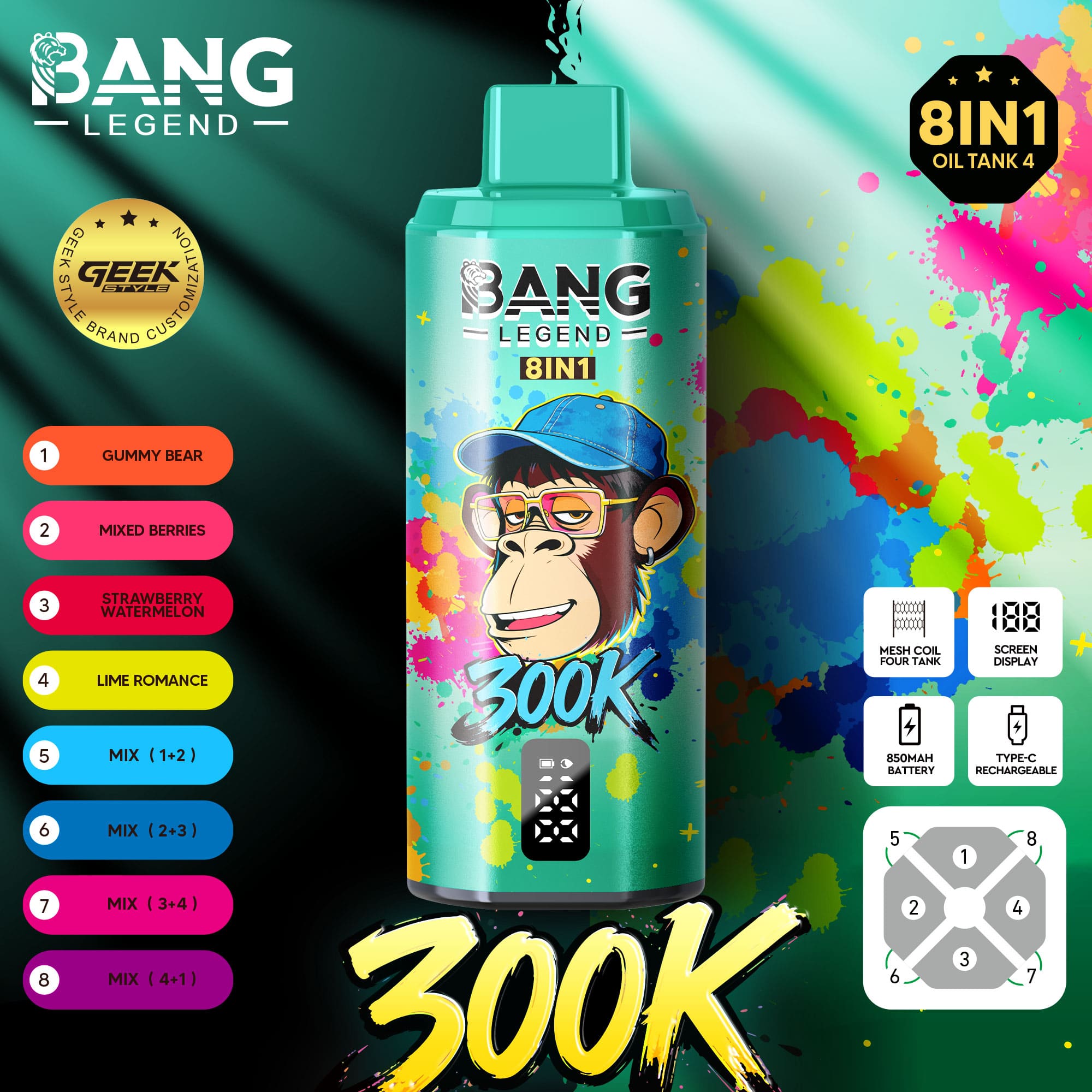 Leuchtend türkisfarbene Bang Legend 8IN1-Öltankflasche mit buntem Spritzhintergrund, "300K"-Text unten, Listen links und kreisförmigen Abzeichen rechts.