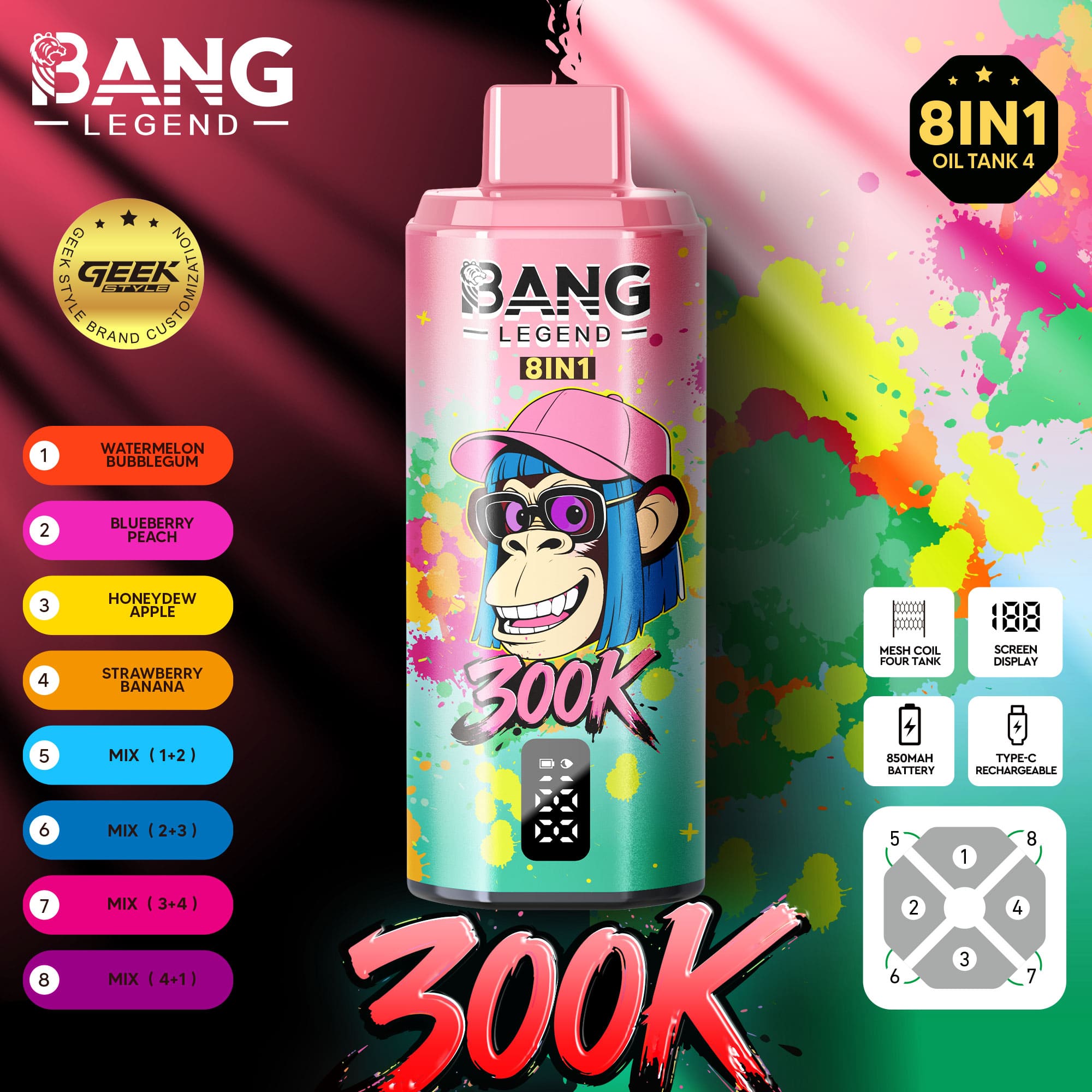 Knallrosafarbener Bang Legend-Lufttank mit Cartoon-Affe mit Brille und Kappe, buntem Splash-Hintergrund, links mit “300K”-Grafik und verschiedenen Geschmackssymbolen.