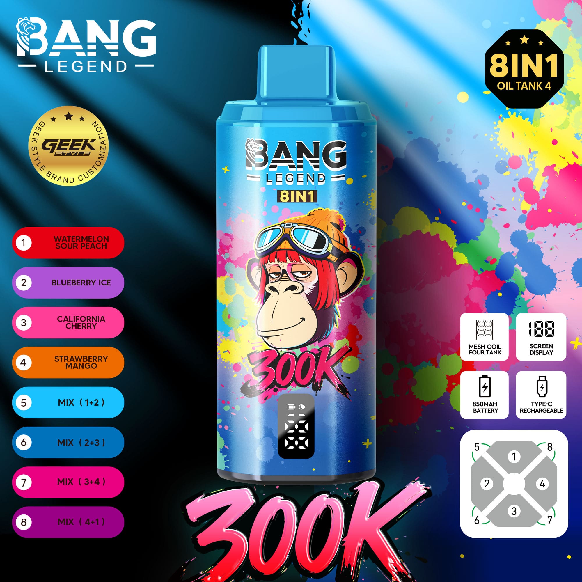 Leuchtend blaue Flasche Bang Legend 8 in 1 mit einem Cartoon-Affen mit Schutzbrille vorne, buntem Spritzer-Hintergrund und kräftigem rosa “300K”-Text unten.