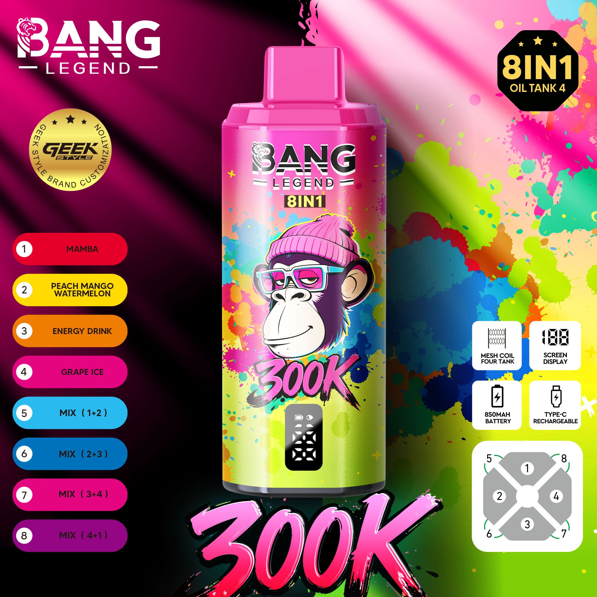 Eine farbenfrohe Aerosoldose mit einem Cartoon-Affen, der eine rosa Mütze und eine weiße Brille trägt, vor einem lebendigen Splash-Hintergrund mit "BANG LEGEND"-Branding und einem auffälligen "300K"-Text.