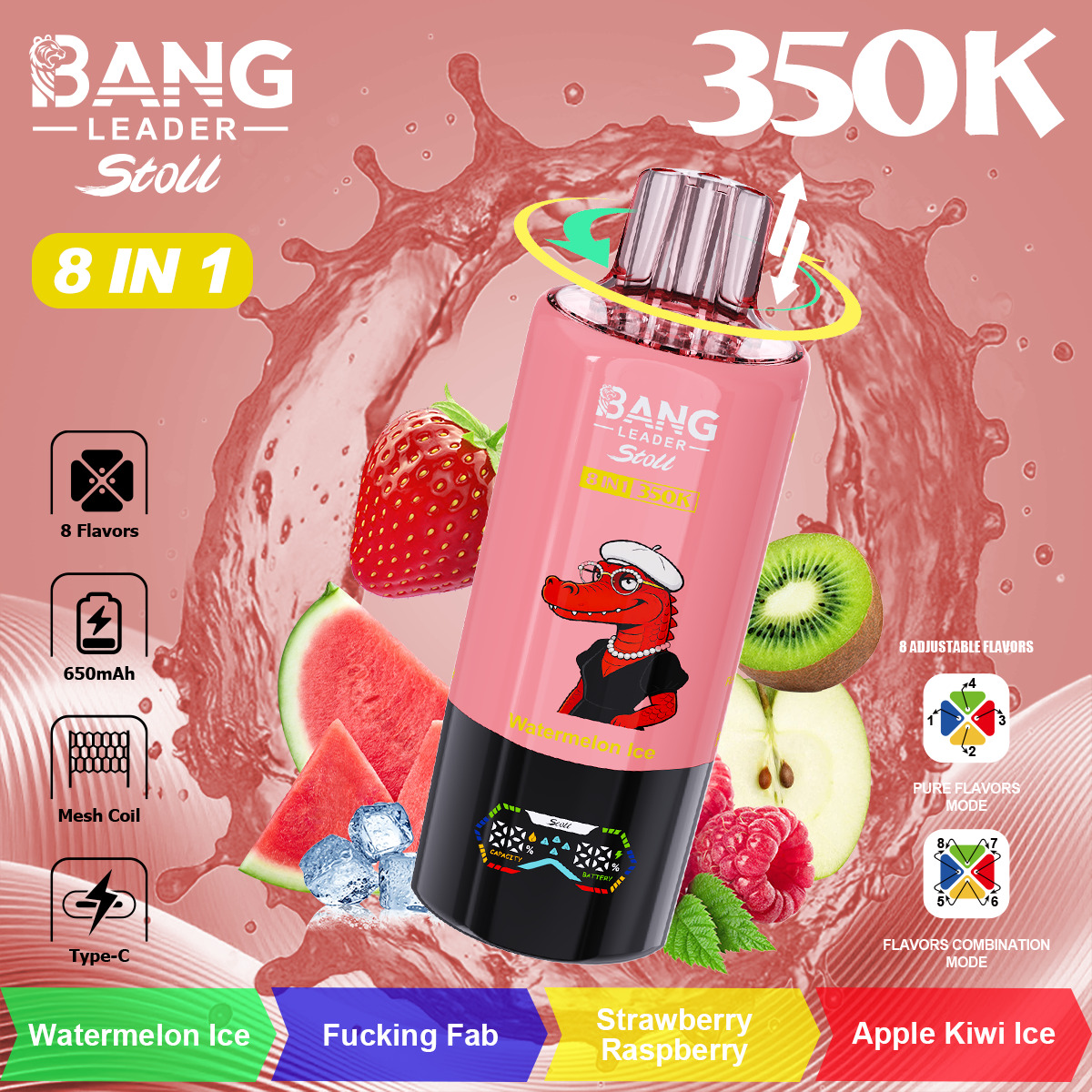Bold pink bottle of Bang energy drink with watermelon design, surrounded by sliced fruits (strawberry, kiwi, watermelon) and colorful splash background; includes “8 IN 1” label and flavor names at bottom.