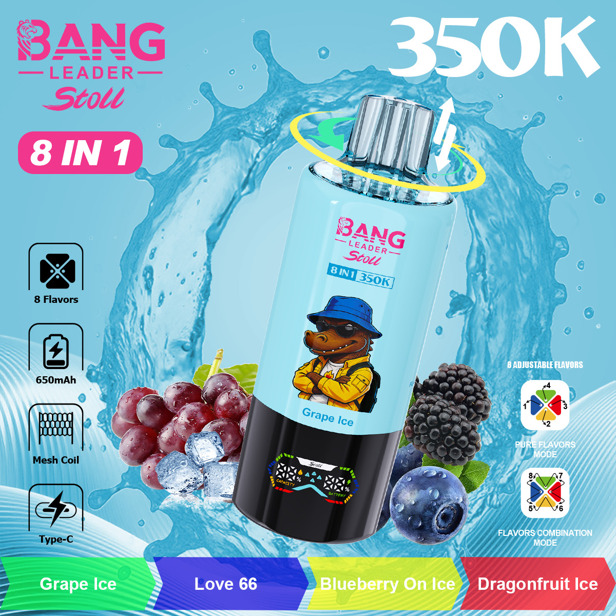 Grape ice vape bottle with blue background, cartoon bear logo, “BANG LEADER Stolt” branding, 8 in 1, 350K, surrounded by grapes, blackberries, blueberries, and ice chunks.