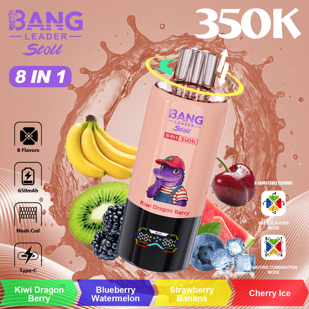 A pink vape device labeled Bang Leader Stik 8 in 1 sits tilted with a splash background; surrounding are bananas, kiwi, berries, and cherries, plus flavor labels and icons.